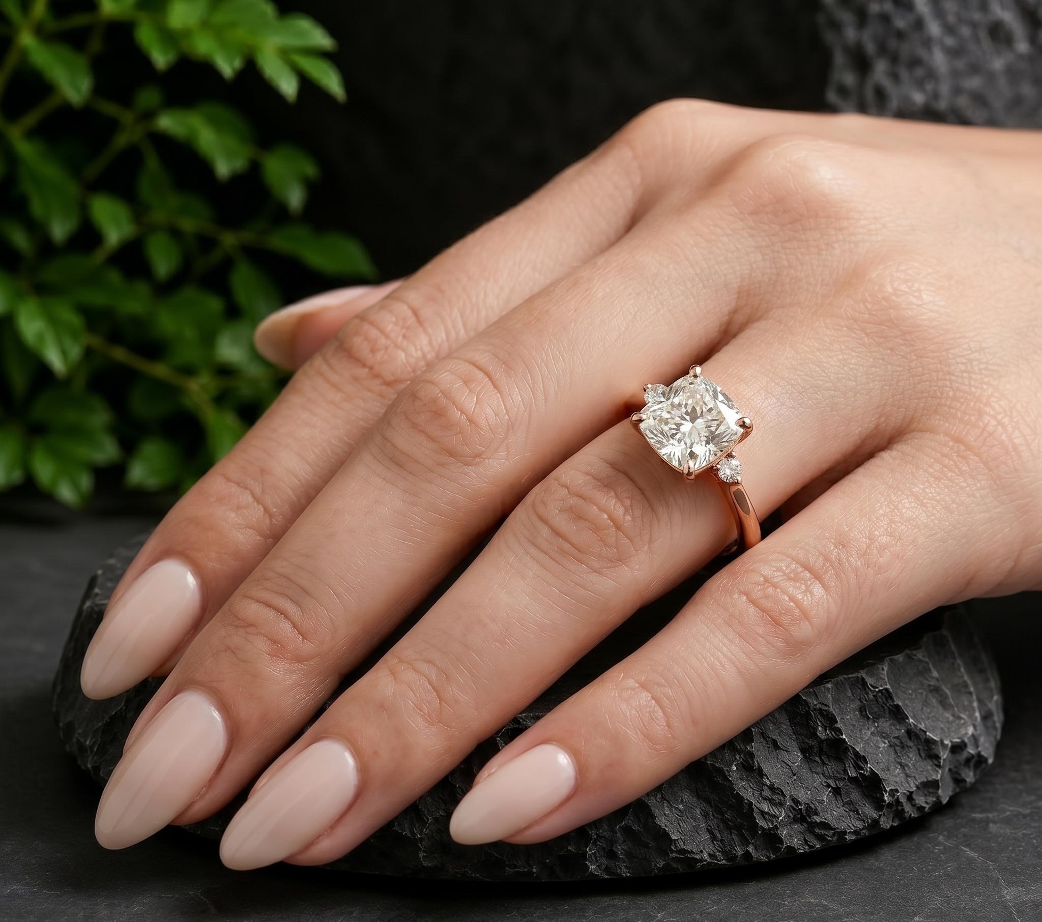 18K Solid Gold Solitaire Cushion Cut Moissanite Engagement Ring, Vintage Diamond Cluster Wedding Proposal Ring, Anniversary Gift for Wife