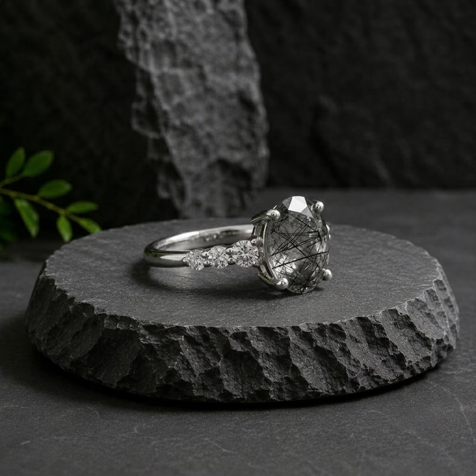 Oval Black Rutile Ring, 925 Sterling Silver, Natural Rutilated Quartz Jewelry, Gothic Engagement Ring, Dainty Black Stone Ring, Gift for Her
