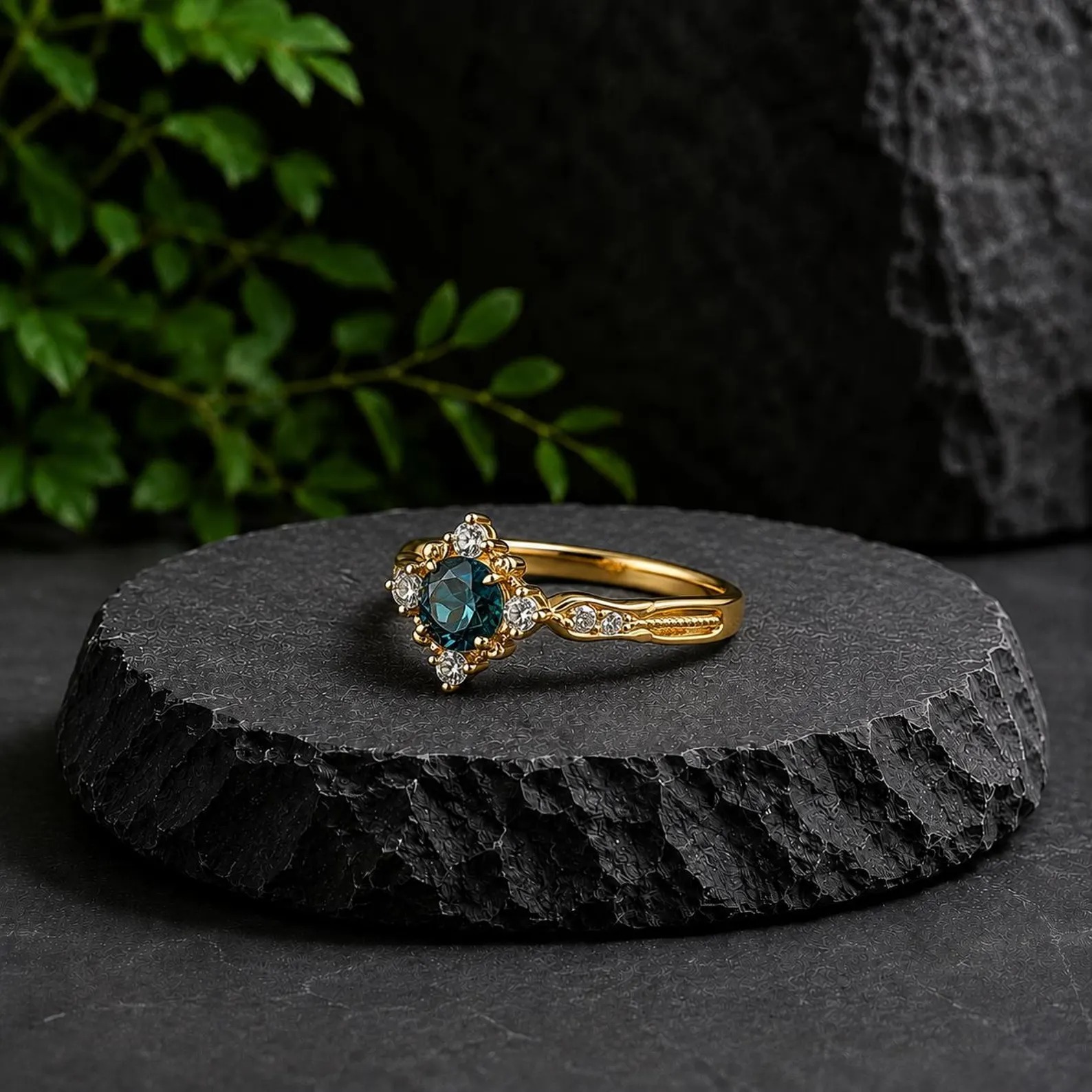 Round London Blue Topaz Ring Vintage Gold Plated Floral Promise Ring Art Deco November Birthstone Ring CZ Promise Anniversary Gift for Women