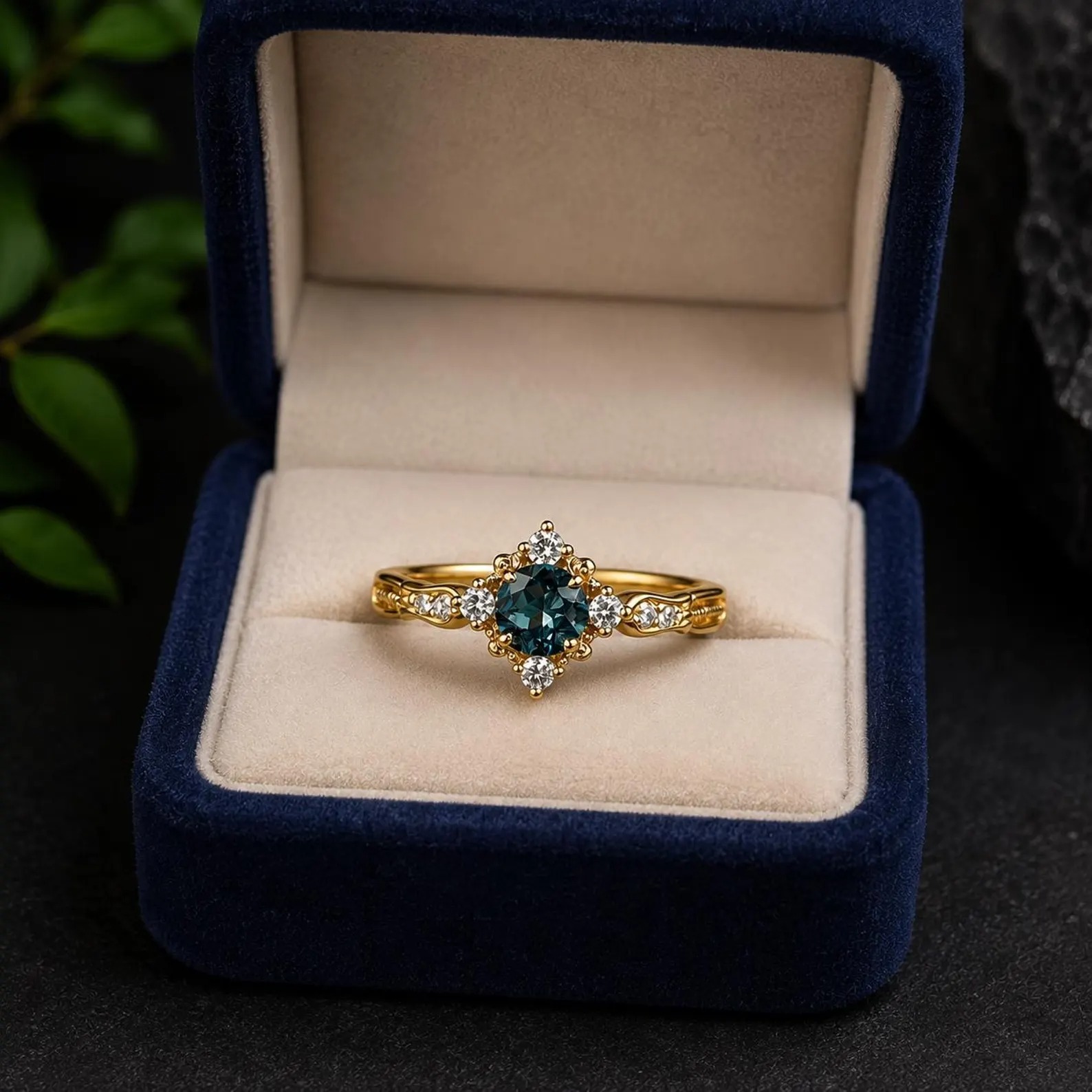Round London Blue Topaz Ring Vintage Gold Plated Floral Promise Ring Art Deco November Birthstone Ring CZ Promise Anniversary Gift for Women