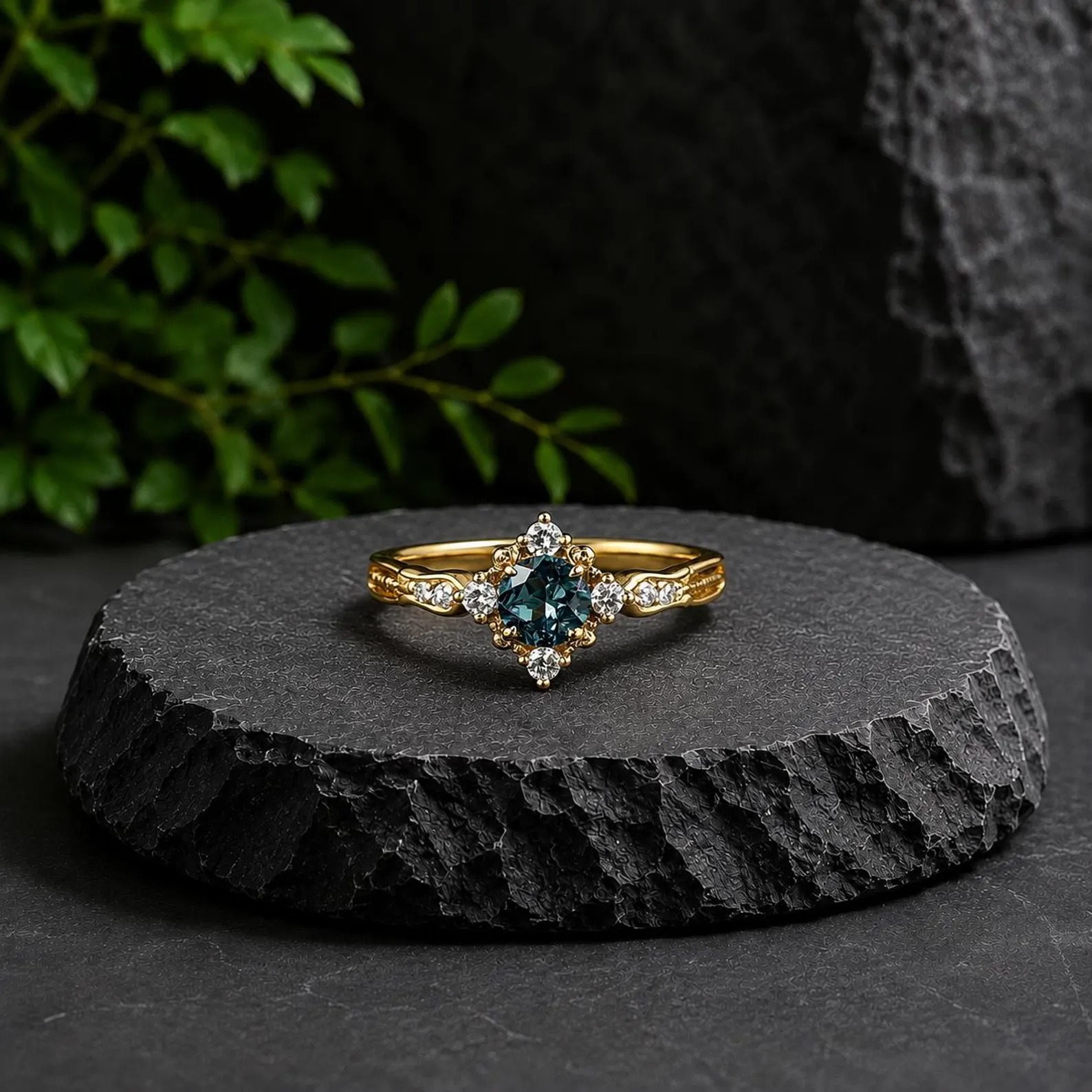 Round London Blue Topaz Ring Vintage Gold Plated Floral Promise Ring Art Deco November Birthstone Ring CZ Promise Anniversary Gift for Women