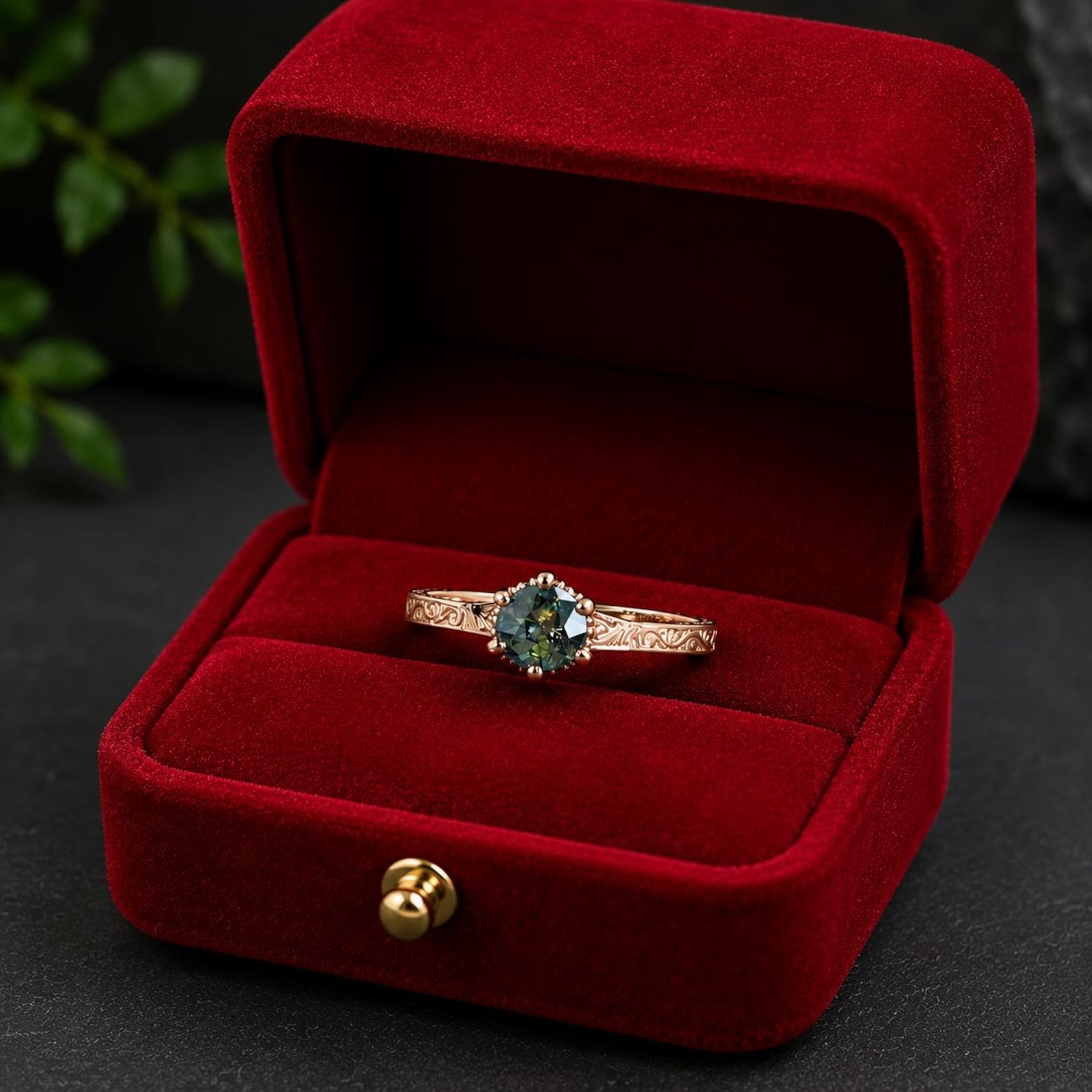 Vintage Engagement Ring Peacock Sapphire Engagement Ring Art Deco Hidden Halo Ring Prong Set Anniversary Unique Ring Hand Carved Filigree