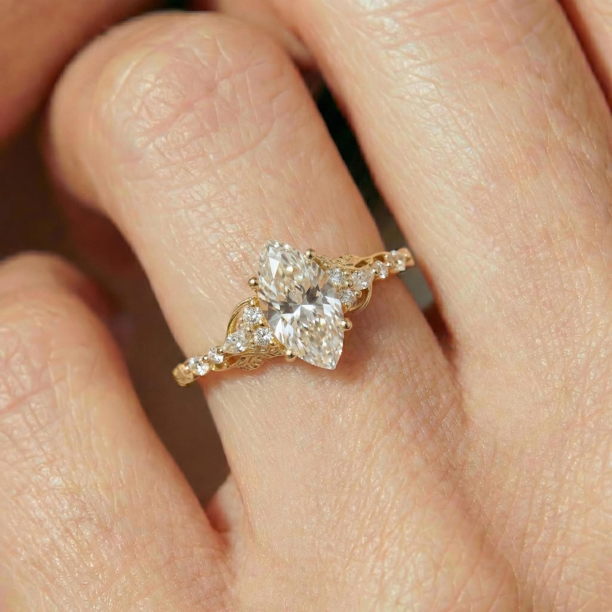 Vintage Inspired Marquise Moissanite Ring | Gold Floral Wedding Band | Unique Nature Engagement & Promise Ring