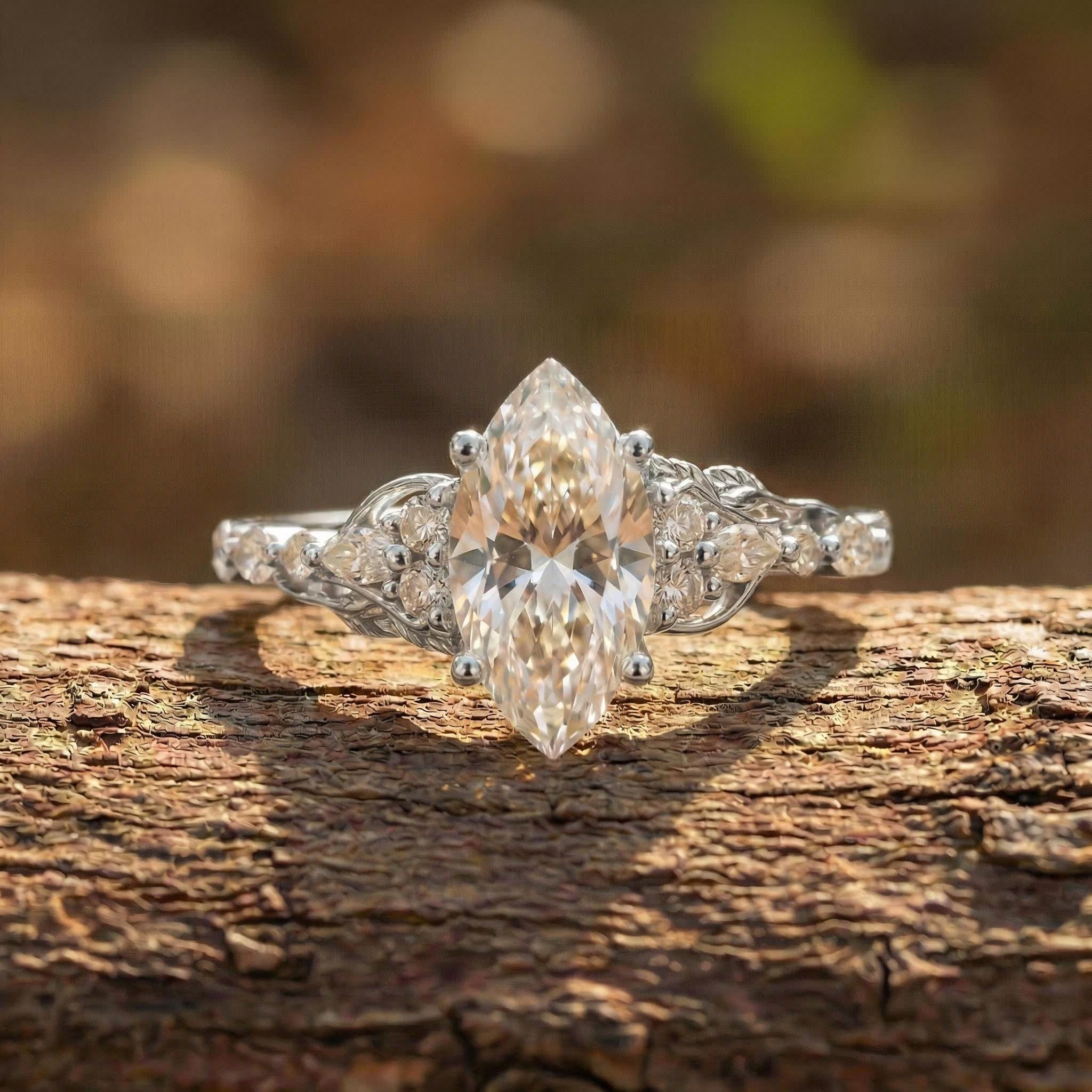 Vintage Inspired Marquise Moissanite Ring | Gold Floral Wedding Band | Unique Nature Engagement & Promise Ring