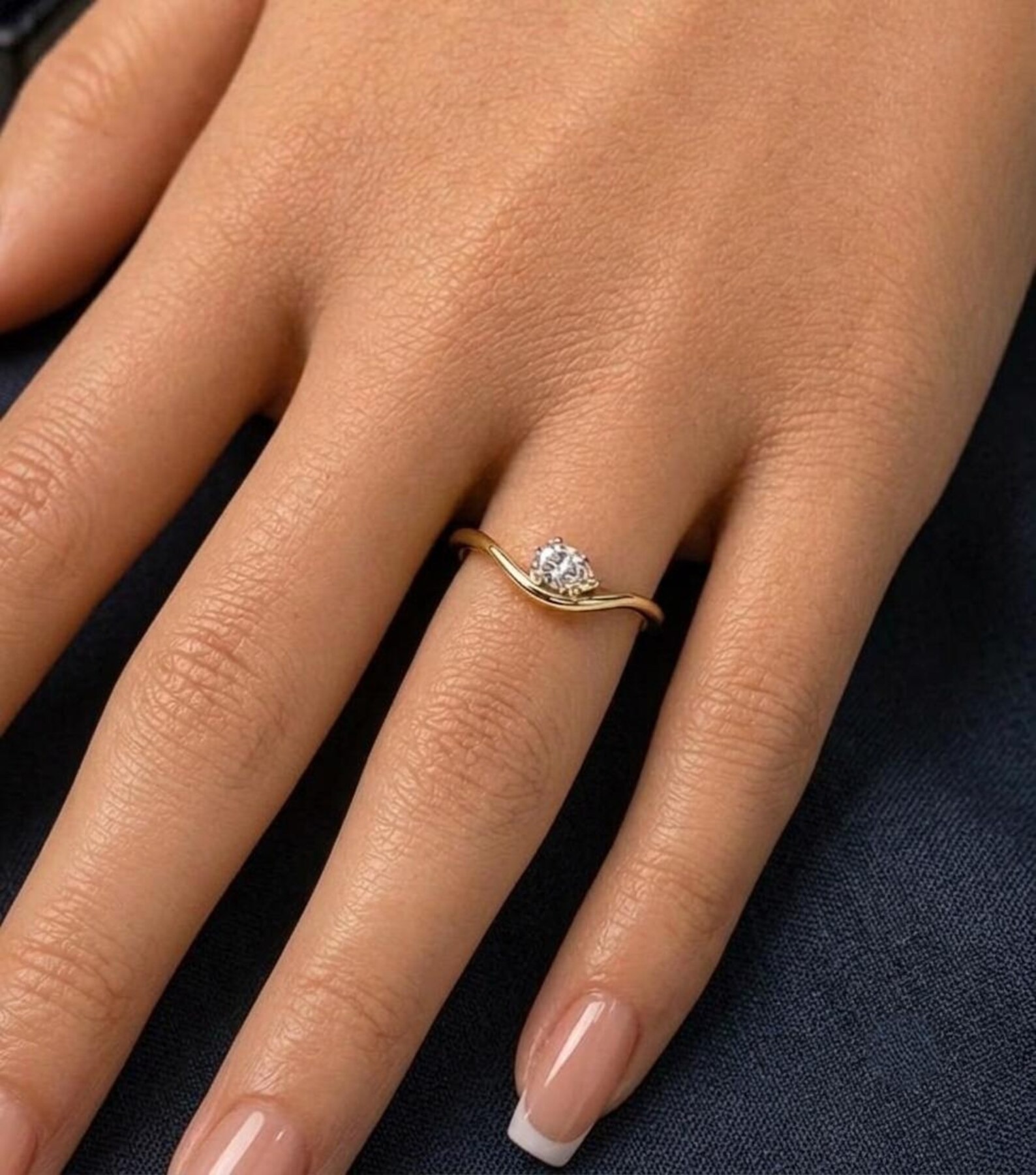 Pear Shape Diamond Wavy Ring, Dainty Stackable Gold Ring, Tear Drop Diamond Pinky Ring, Minimal Solid Gold Band, 14K 10K Gift for Her