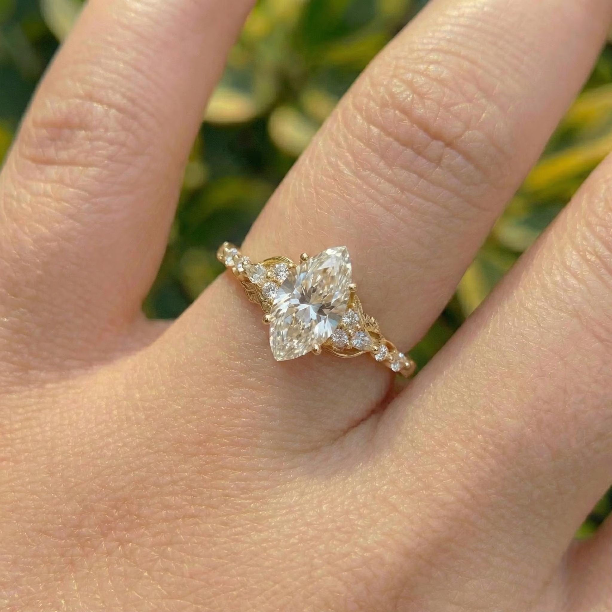 Vintage Inspired Marquise Moissanite Ring | Gold Floral Wedding Band | Unique Nature Engagement & Promise Ring