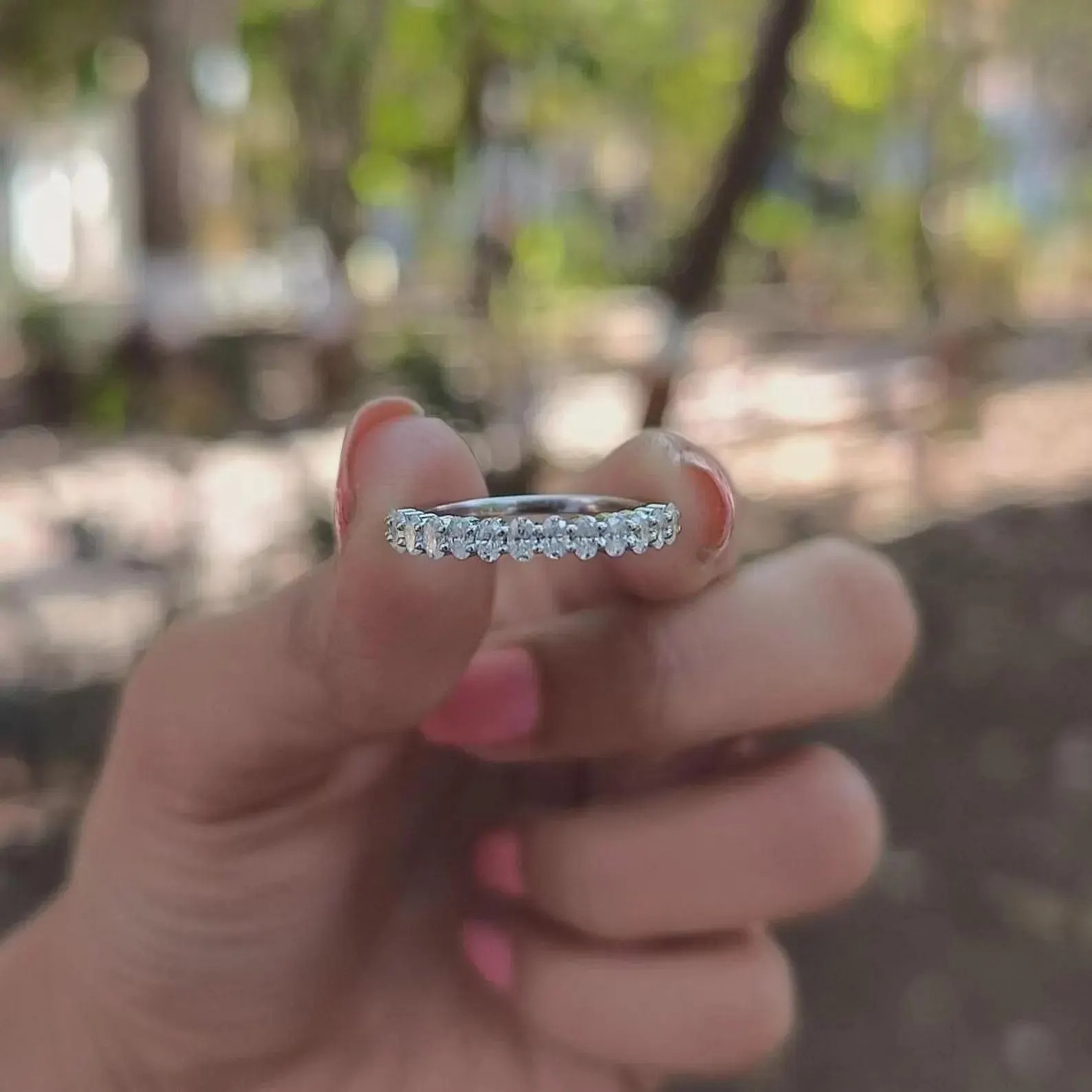 Moissanite Eternity Band, Silver Oval Cut Diamond Wedding Band ,Half Eternity Stacking Ring, Matching Anniversary Band, Promise Gift For Her