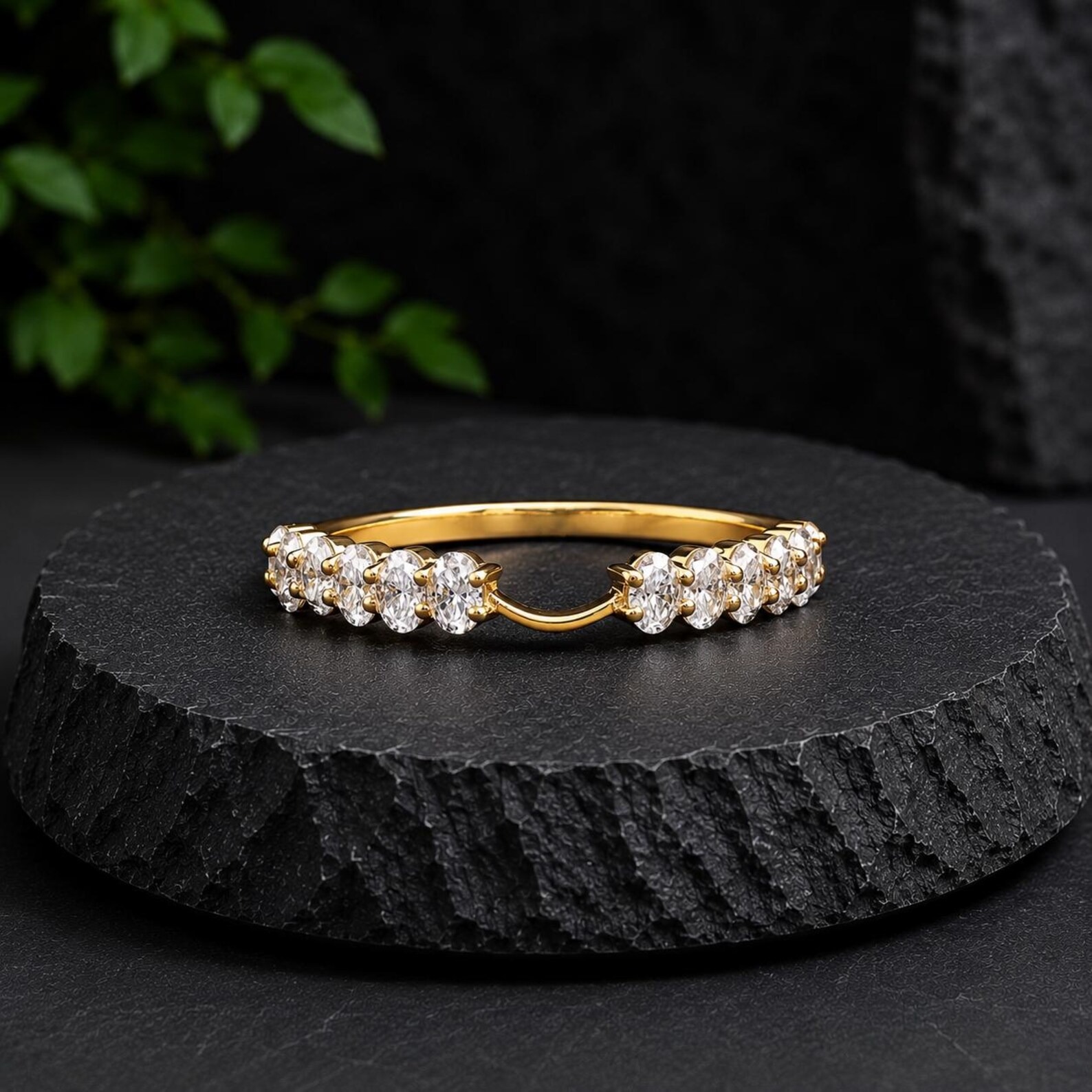 Oval Moissanite Notched Wedding Band, 14K Gold Half Eternity Stackable Ring, Matching Band for Engagement Ring, Anniversary Ring for Her