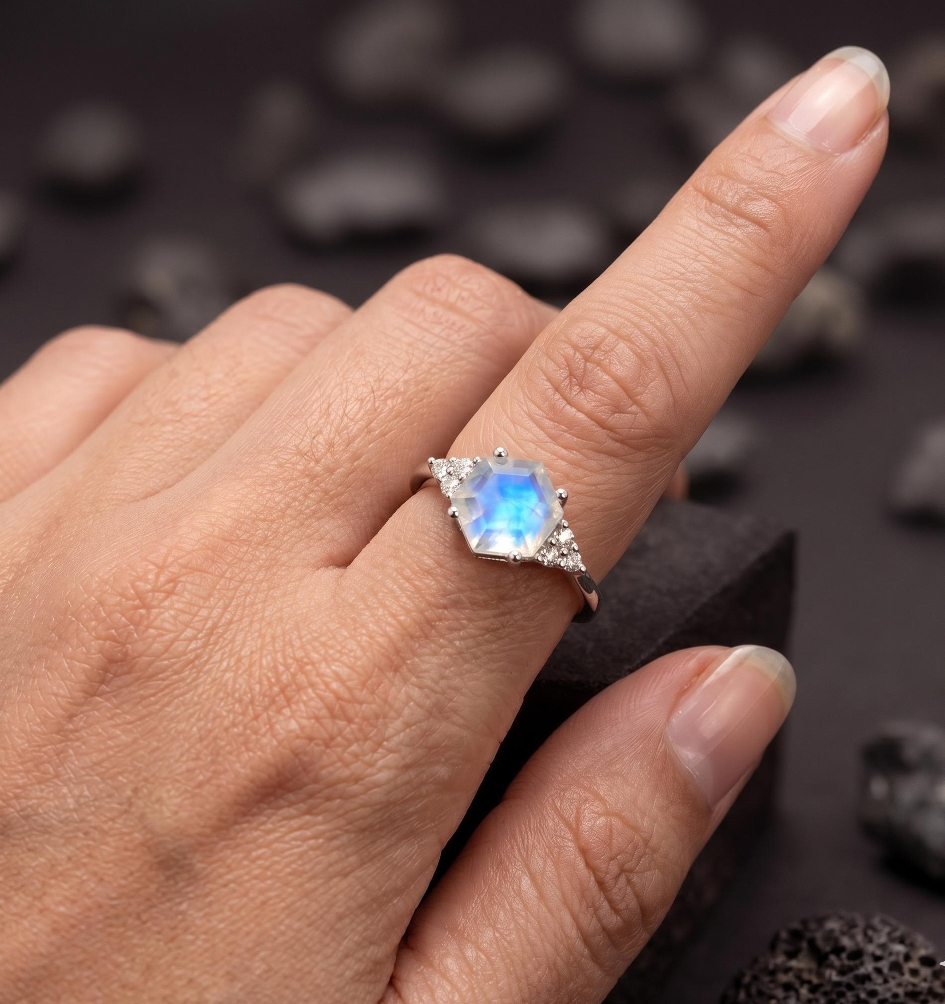 Hexagon Cut Rainbow Moonstone Ring, 925 Sterling Silver Ring, Diamond Cluster Ring, June Birthstone Ring, Vintage Style Ring, Gift for Her
