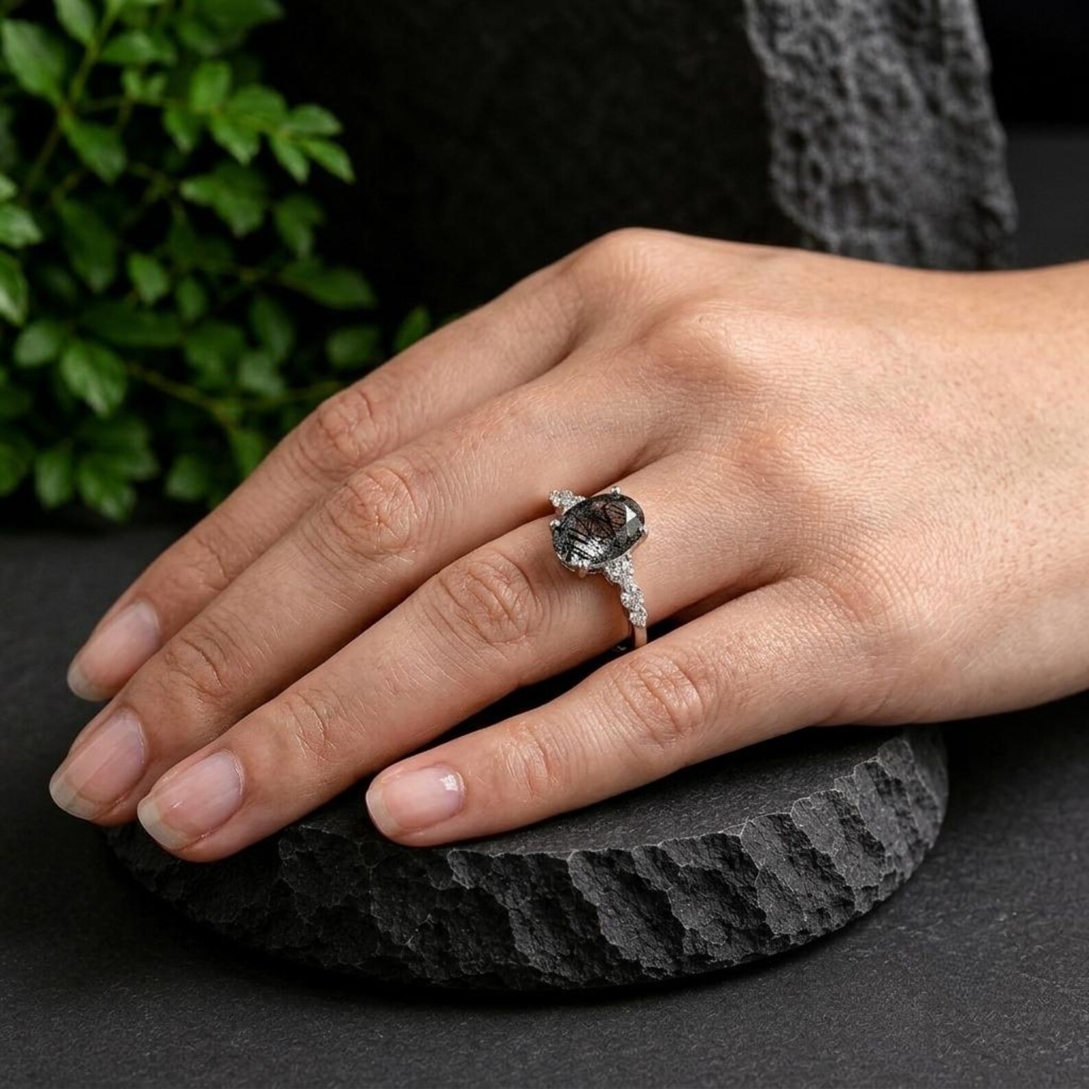 Oval Black Rutile Ring, 925 Sterling Silver, Natural Rutilated Quartz Jewelry, Gothic Engagement Ring, Dainty Black Stone Ring, Gift for Her