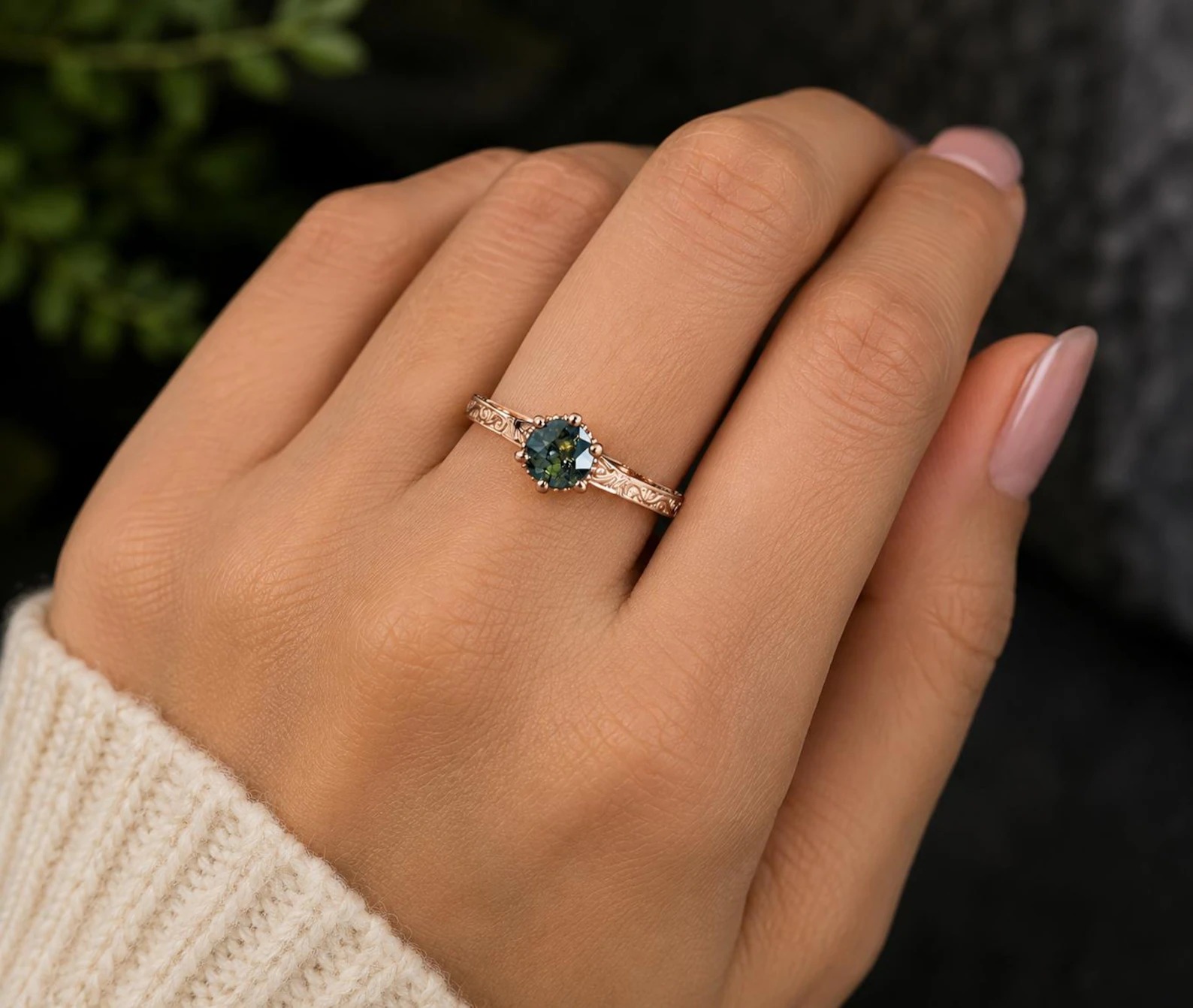 Vintage Engagement Ring Peacock Sapphire Engagement Ring Art Deco Hidden Halo Ring Prong Set Anniversary Unique Ring Hand Carved Filigree