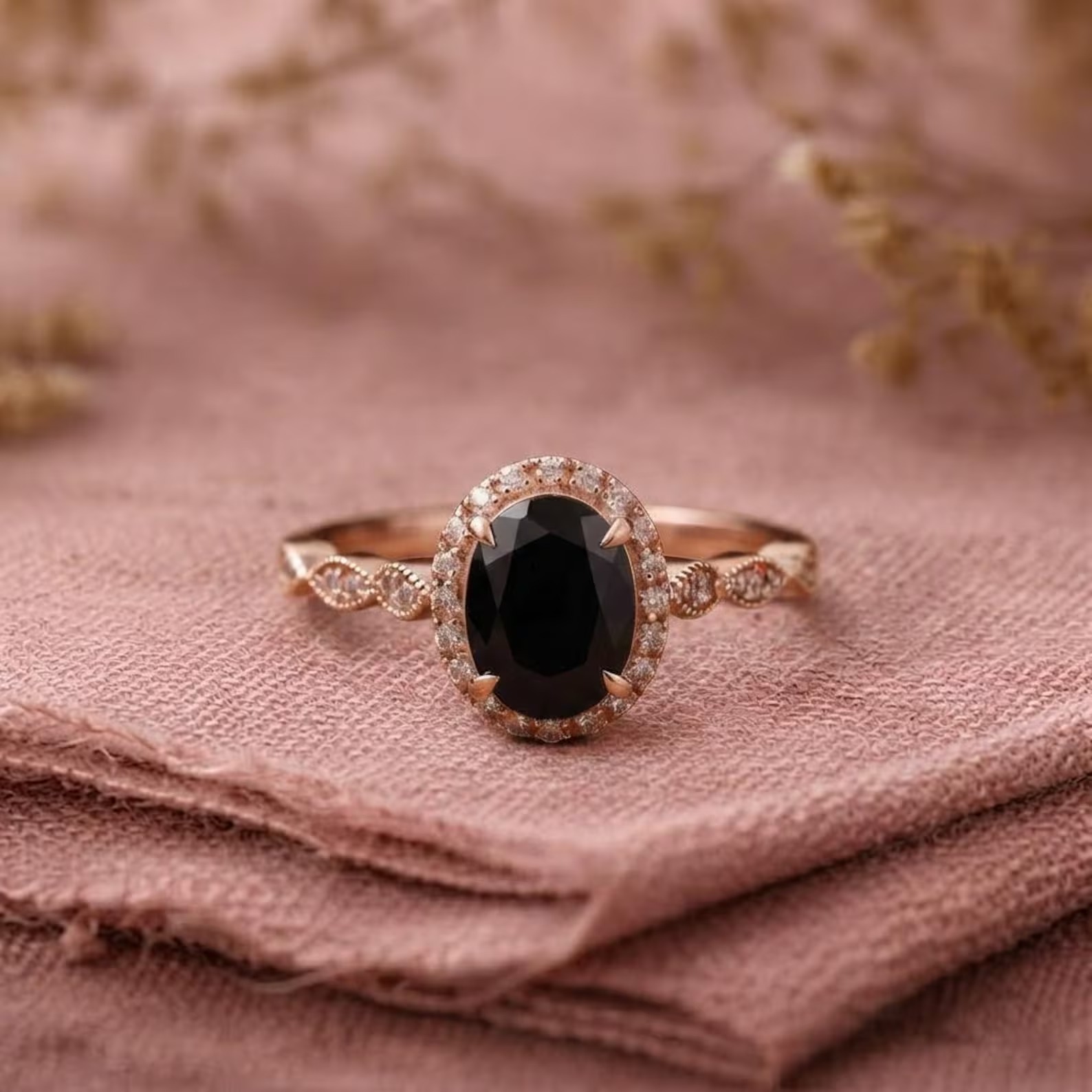 Oval Black Onyx 14k Gold Engagement Ring, Moissanite Halo Cluster Wedding Ring, Black Gemstone Bridal Anniversary Promise Ring For Women