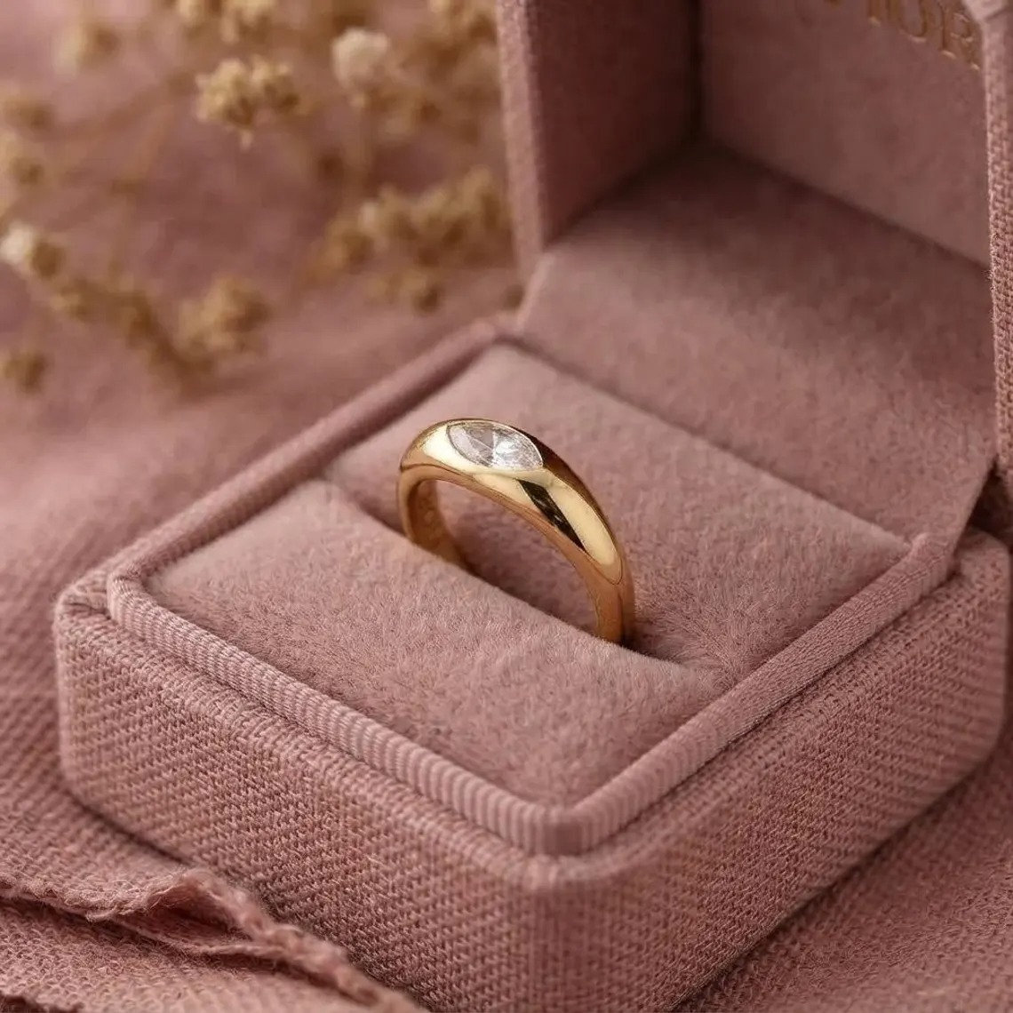 14K Solid Gold Marquise Diamond Bezel Ring – Minimalist Pinky Dome Statement Piece Ring