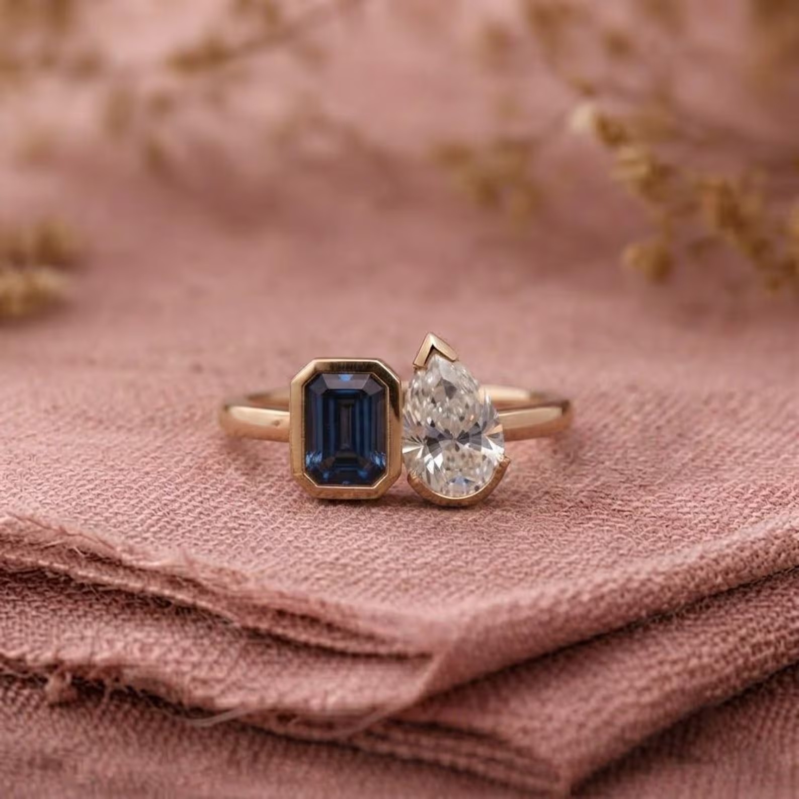 Emerald Cut Sapphire and Pear Moissanite Toi Et Moi Ring, 925 Silver Ring, Vintage Two Stone Bridal Ring, Bezel Set Solitaire Sapphire Ring