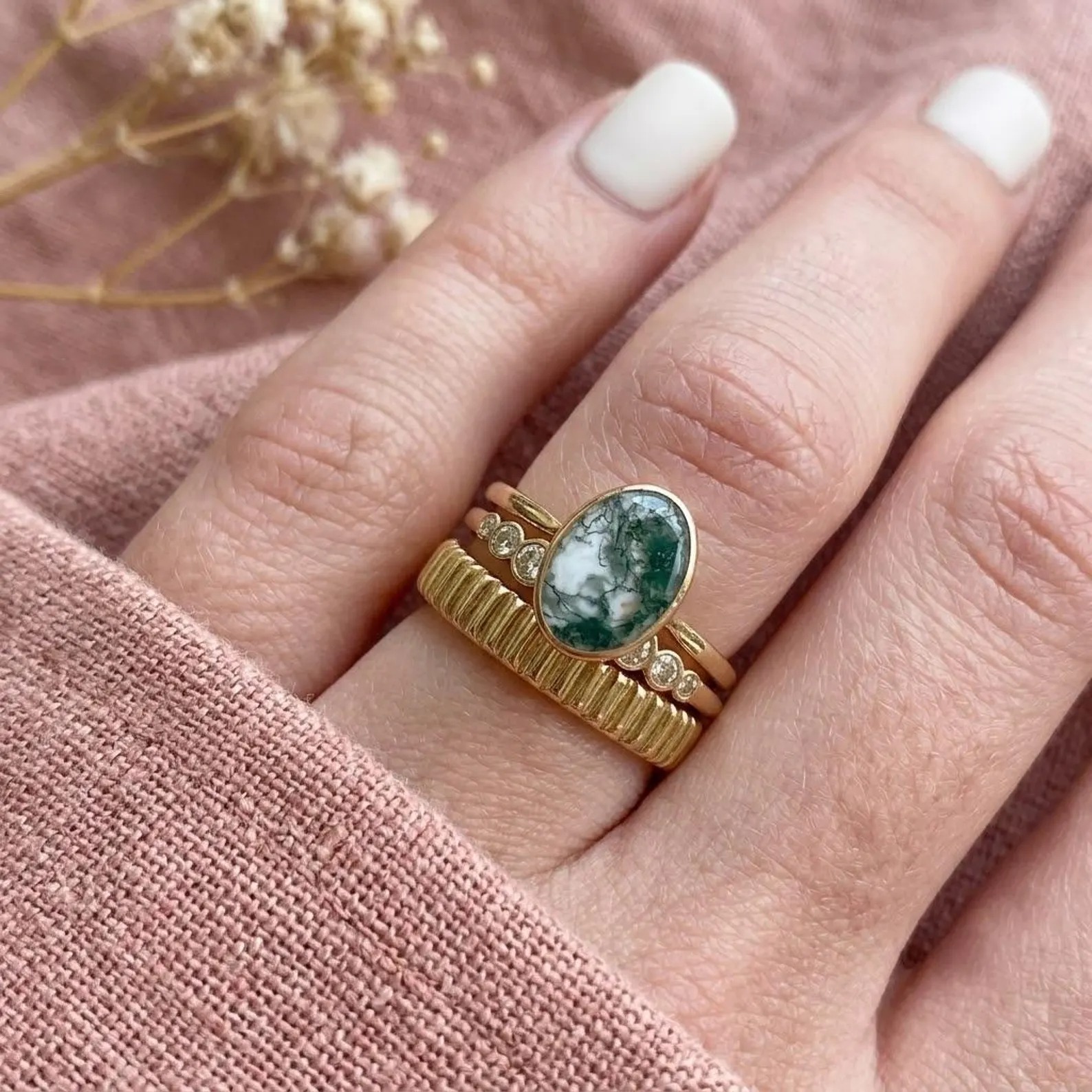 Vintage Oval Cut Green Moss Agate Engagement Ring, Unique Bezel Set Ring Solitaire Ring, Rose Gold Anniversary Ring, Promise Ring For Her