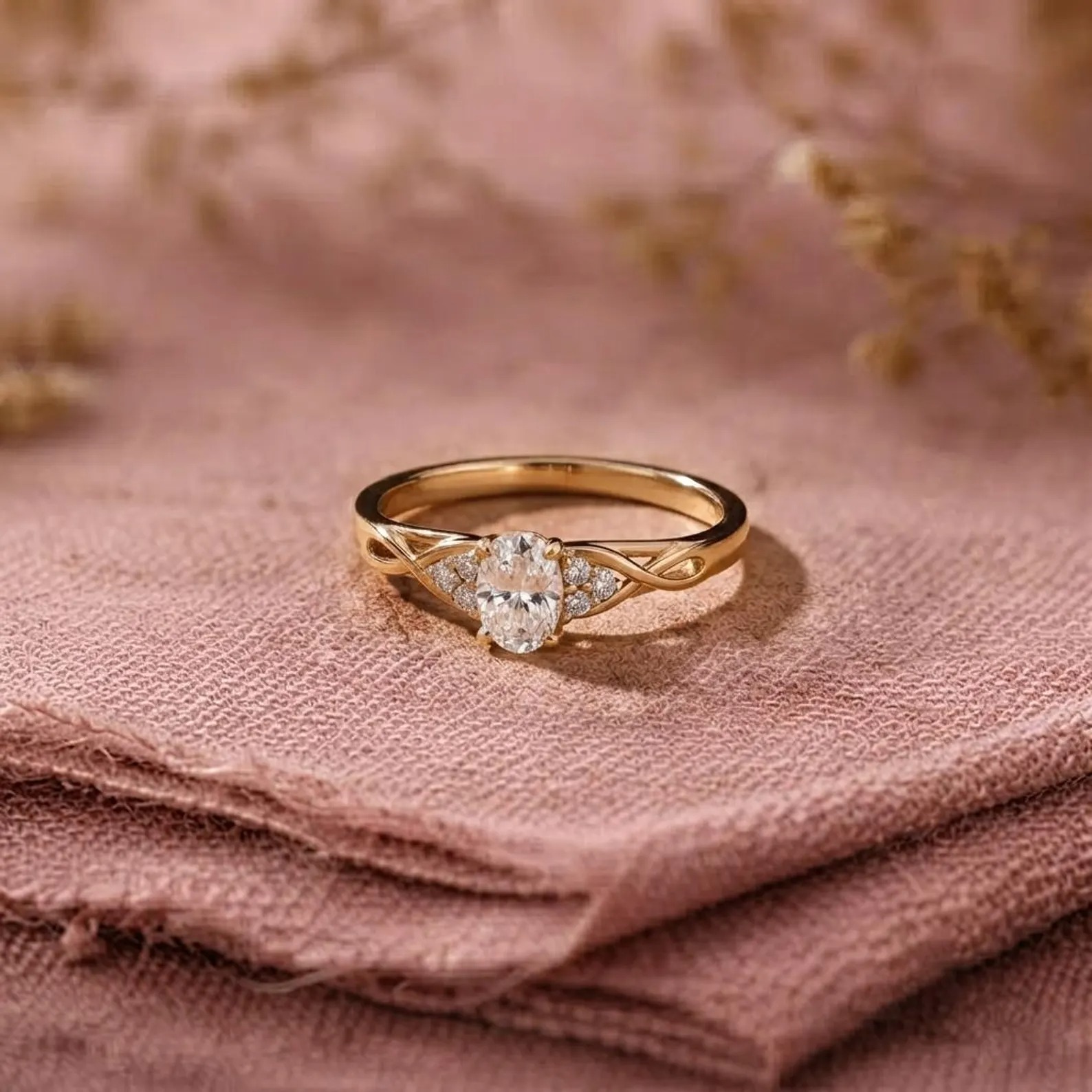 14k Solid Gold Oval Moissanite Engagement Ring, Twist Vine Solitaire Ring, Pave Infinity Moissanite Ring, Unique Leaf Style Bridal Ring