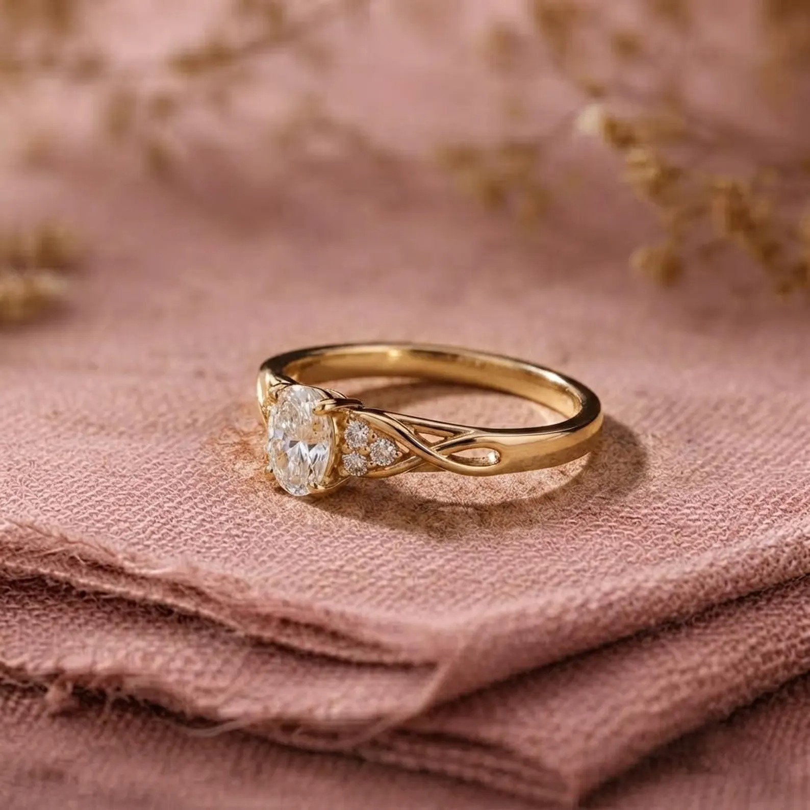 14k Solid Gold Oval Moissanite Engagement Ring, Twist Vine Solitaire Ring, Pave Infinity Moissanite Ring, Unique Leaf Style Bridal Ring