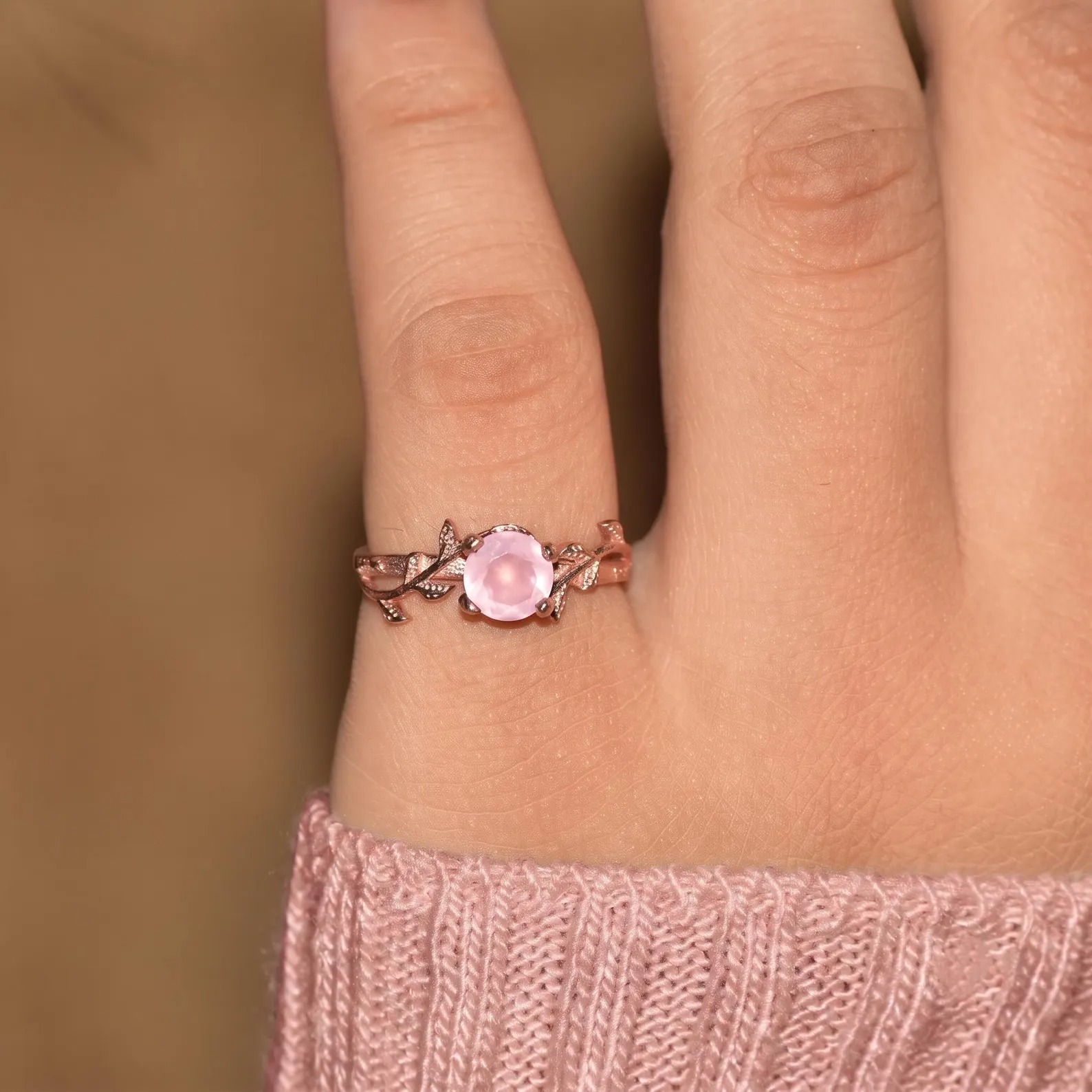 Round Cut Natural Rose Quartz Ring, Rose Gold Leaf Engagement Ring, Pink Gemstone Solitaire Ring, Healing Stone Promise Gift