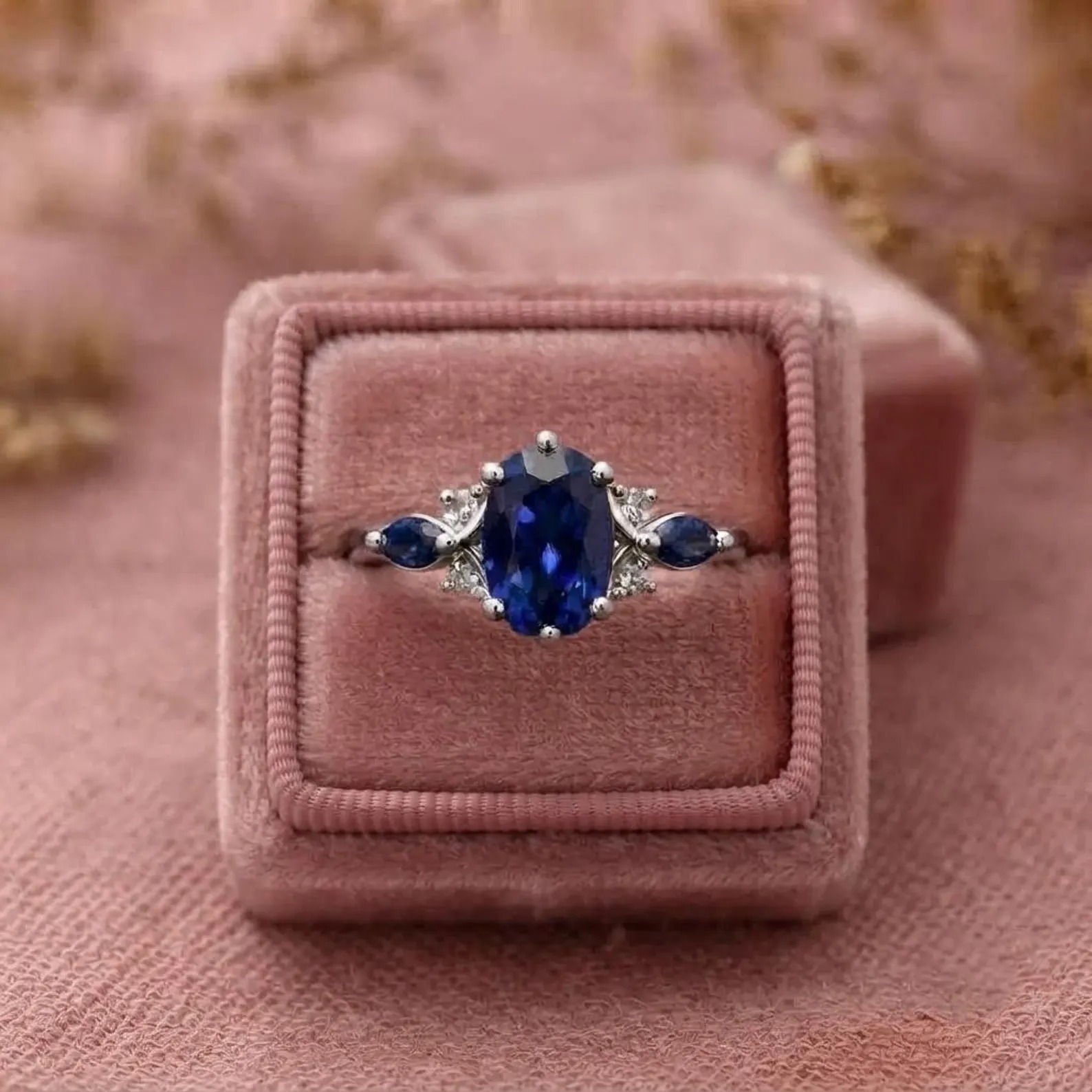 Oval Blue Sapphire Engagement Ring, Vintage Cluster Diamond Ring, Blue Sapphire Statement Ring, Unique Alternative Bridal Gift Ring For Wife