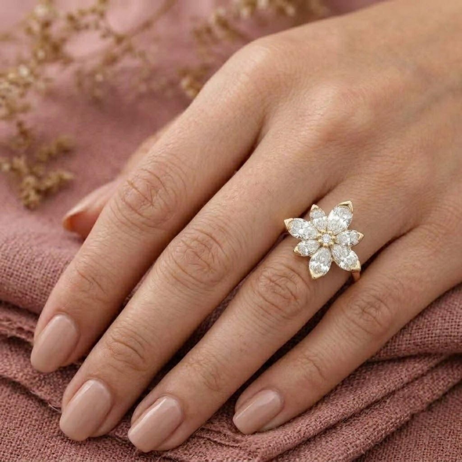Flower Moissanite Engagement Ring, Unique Nature Inspired Bridal Ring, Pear Cut Moissanite Ring, 14K Rose Gold Ring, Dainty Moissanite Ring