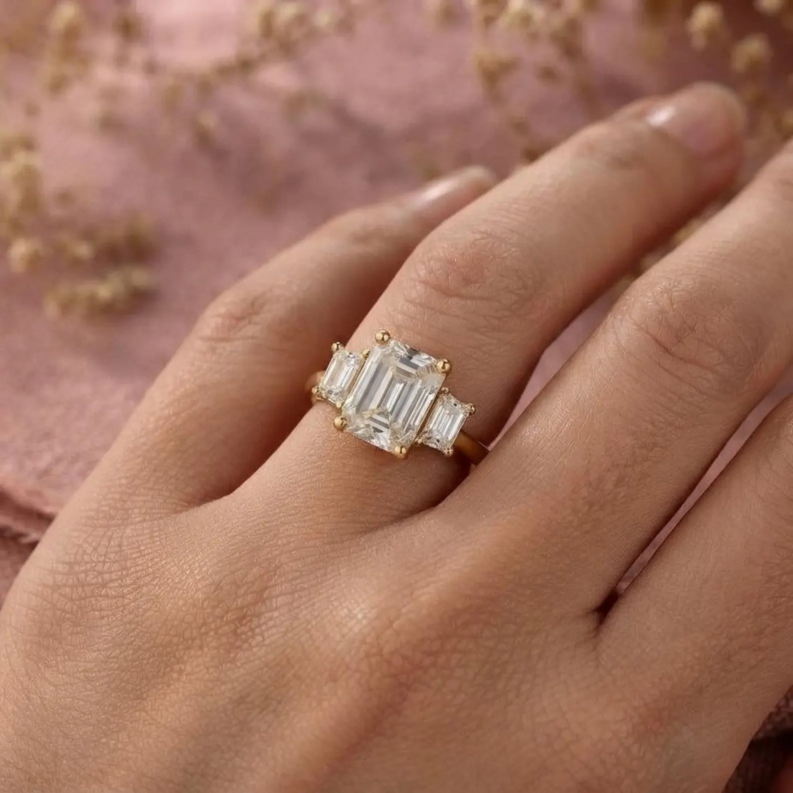 3CT Moissanite Ring, Three Stone Emerald Cut Moissanite Engagement Ring With Solid Gold Baguette Moissanite Wedding Ring, Christmas Gift