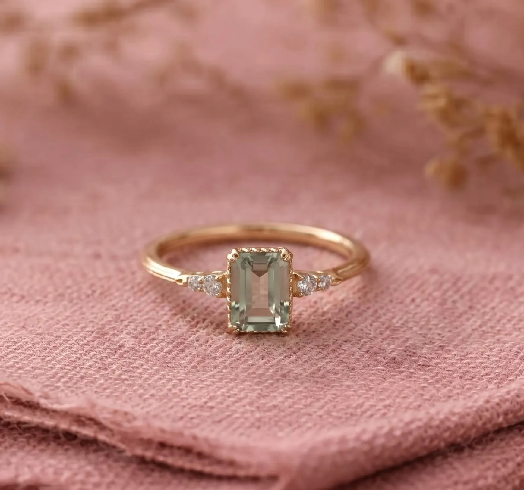 Unique Green Amethyst Ring 14k Yellow Gold Emerald Cut Amethyst Ring, February Birthstone Solitaire Ring, Delicate CZ Ring, Gift For Women