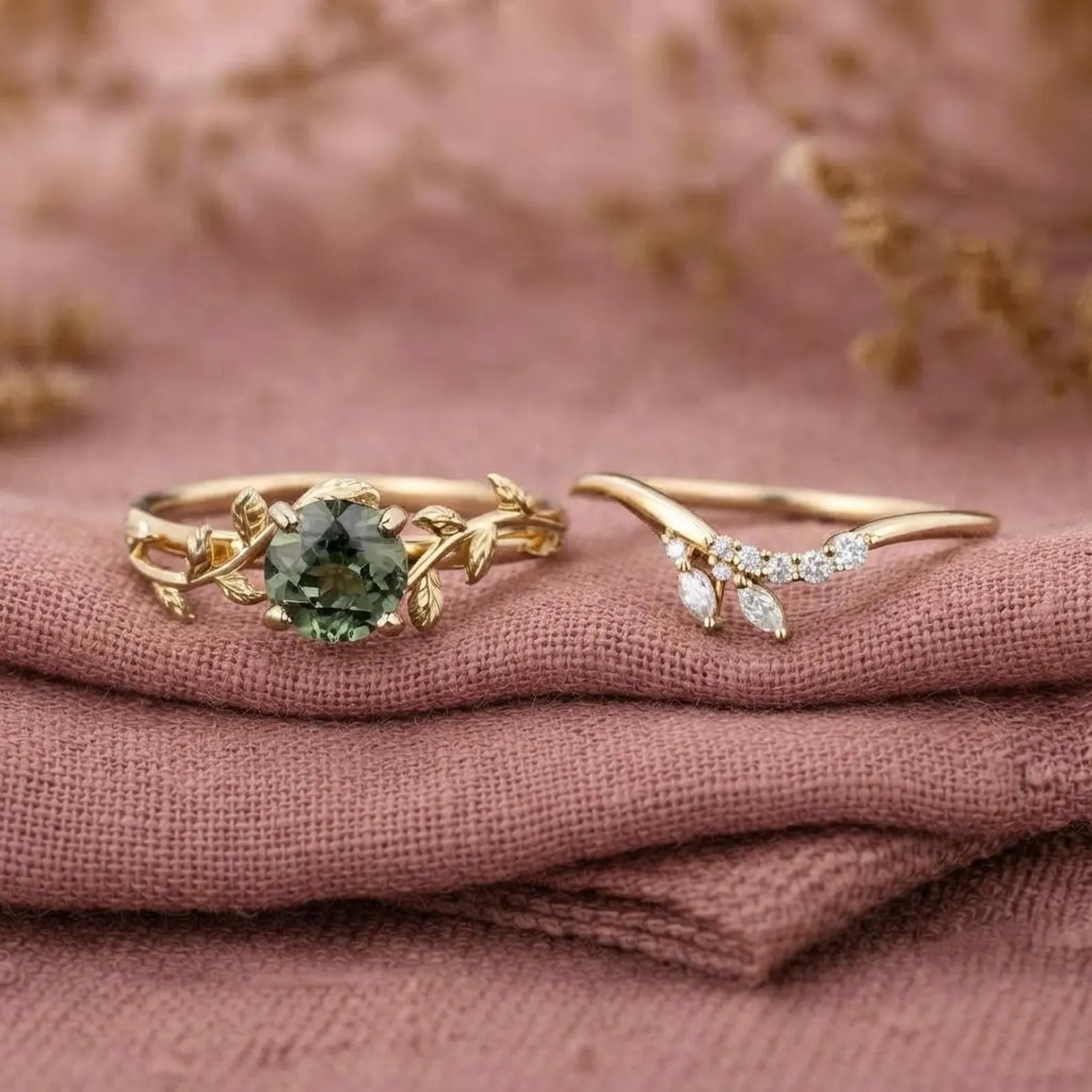 Vintage Green Sapphire Engagement Ring Set 14k Solid Gold Marquise Cut Moissanite Ring Diamond Leaf Ring Bridal Set Promise Anniversary Ring