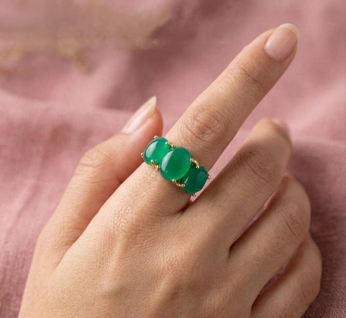 Green Onyx Engagement Ring, Oval Cut 3 Stone Ring, Green Onyx Wedding Ring, Unique Design Ring, May Birthstone Ring, Dainty Ring