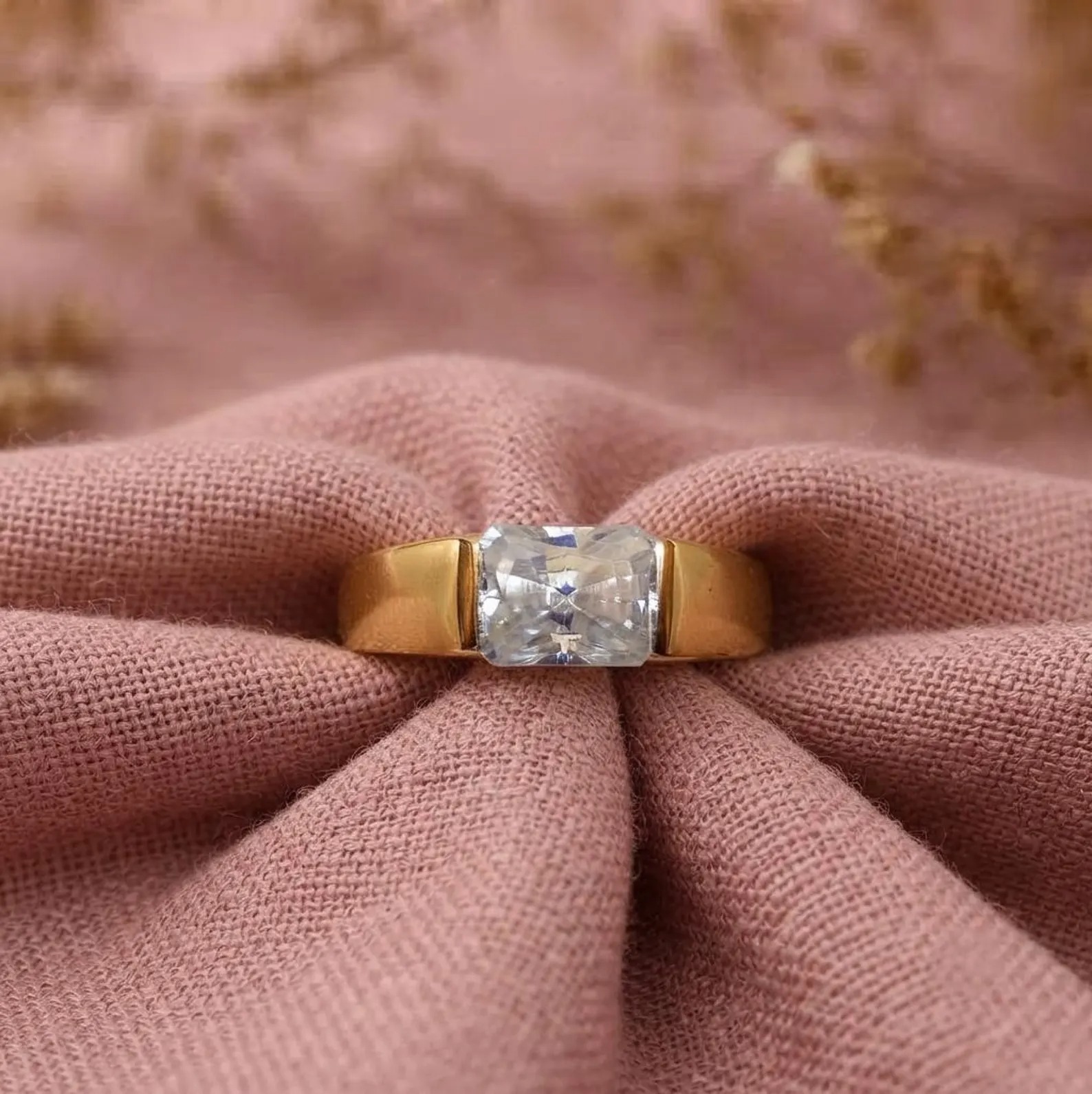 Moissanite Signet Ring, Yellow Gold, Emerald Horizontal Gemstone Rings, 925 Sterling Silver Ring