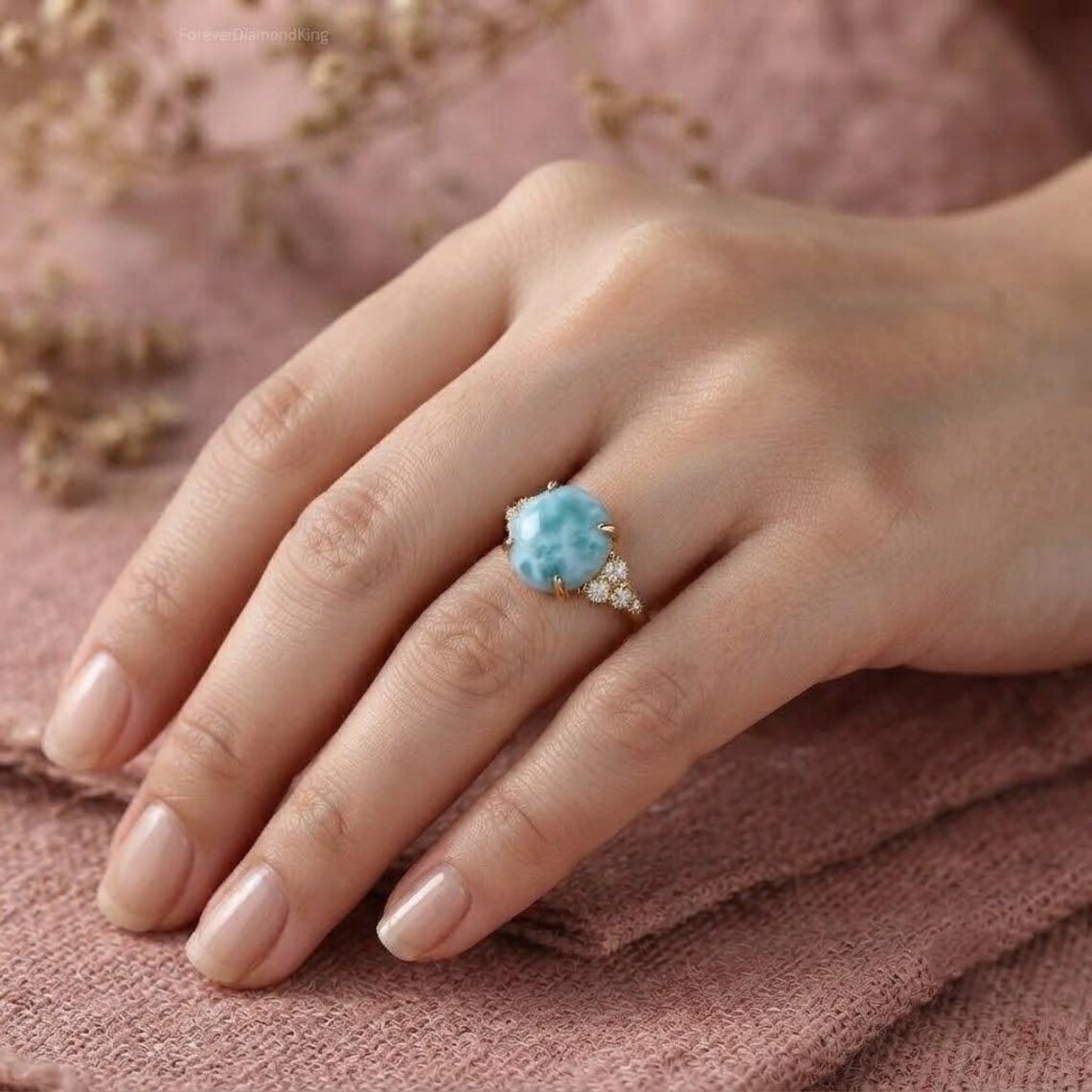 Larimar Ring, 925 Sterling Silver, Minimalist Everyday Jewelry, Round Cut Natural Larimar Engagement Ring, Ocean Blue Gemstone, Gift For Her