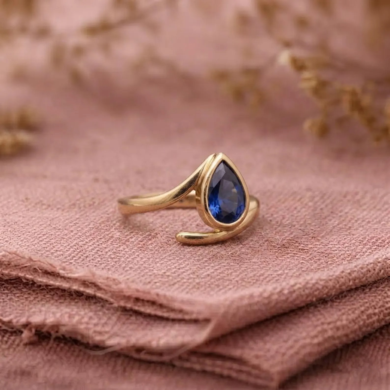 Pear Cut Blue Sapphire Ring, 14k Rose Gold Bypass Ring, Handmade Ring, Bezel Set Solitaire Blue Gemstone Ring, Anniversary Gift For Her
