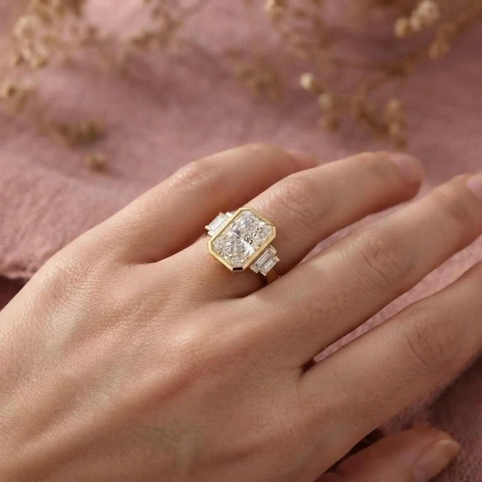Bezel Set Emerald Cut Moissanite Engagement Ring, Baguette Cut Ring, Moissanite Cluster Ring, Promise Ring for Women, Five Stone Bridal Ring