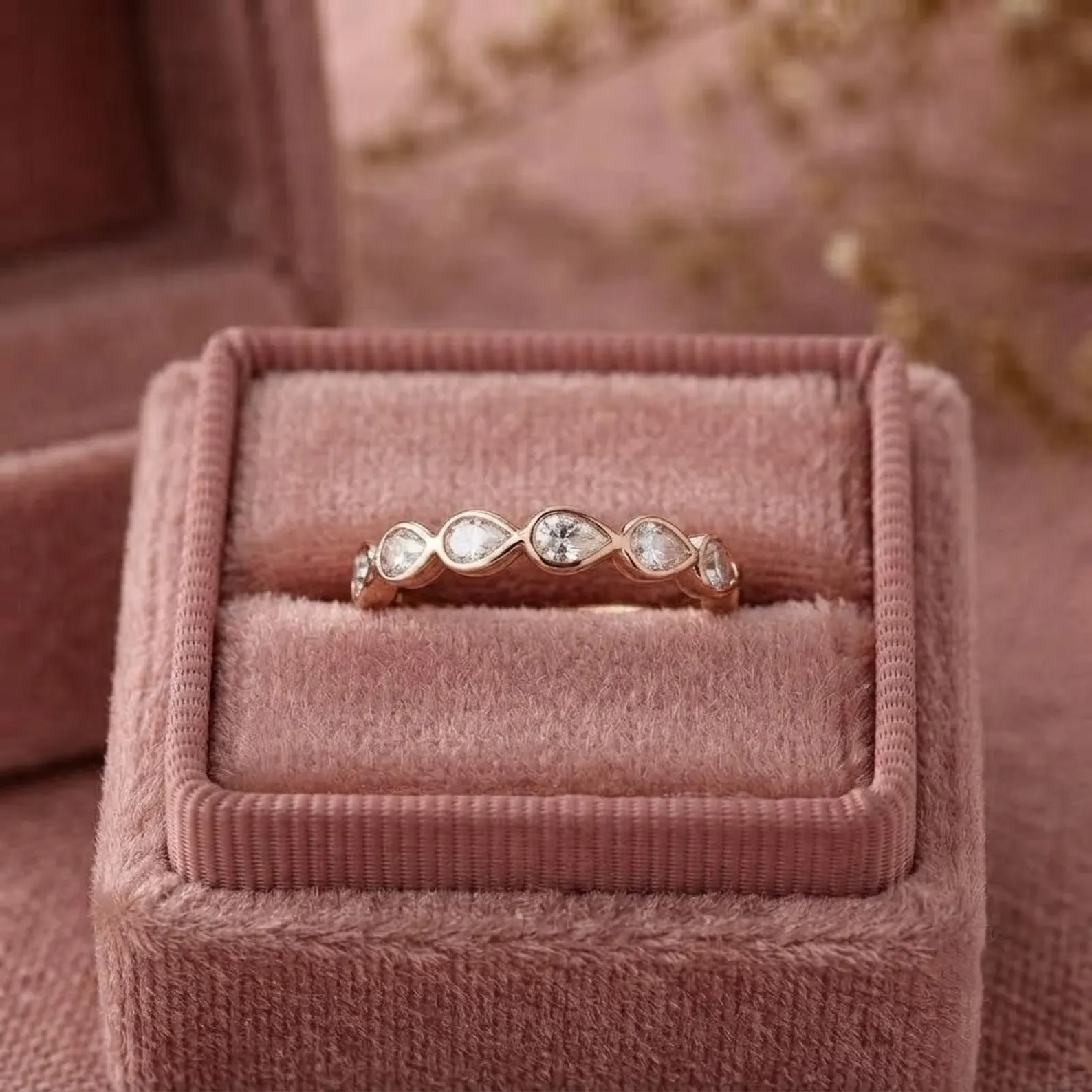 Delicate 1.05 TC Pear Cut Wedding Band Moissanite Matching Band 14k Solid Yellow Gold Shared Prongs Stacking Band Half Eternity Wedding Gift