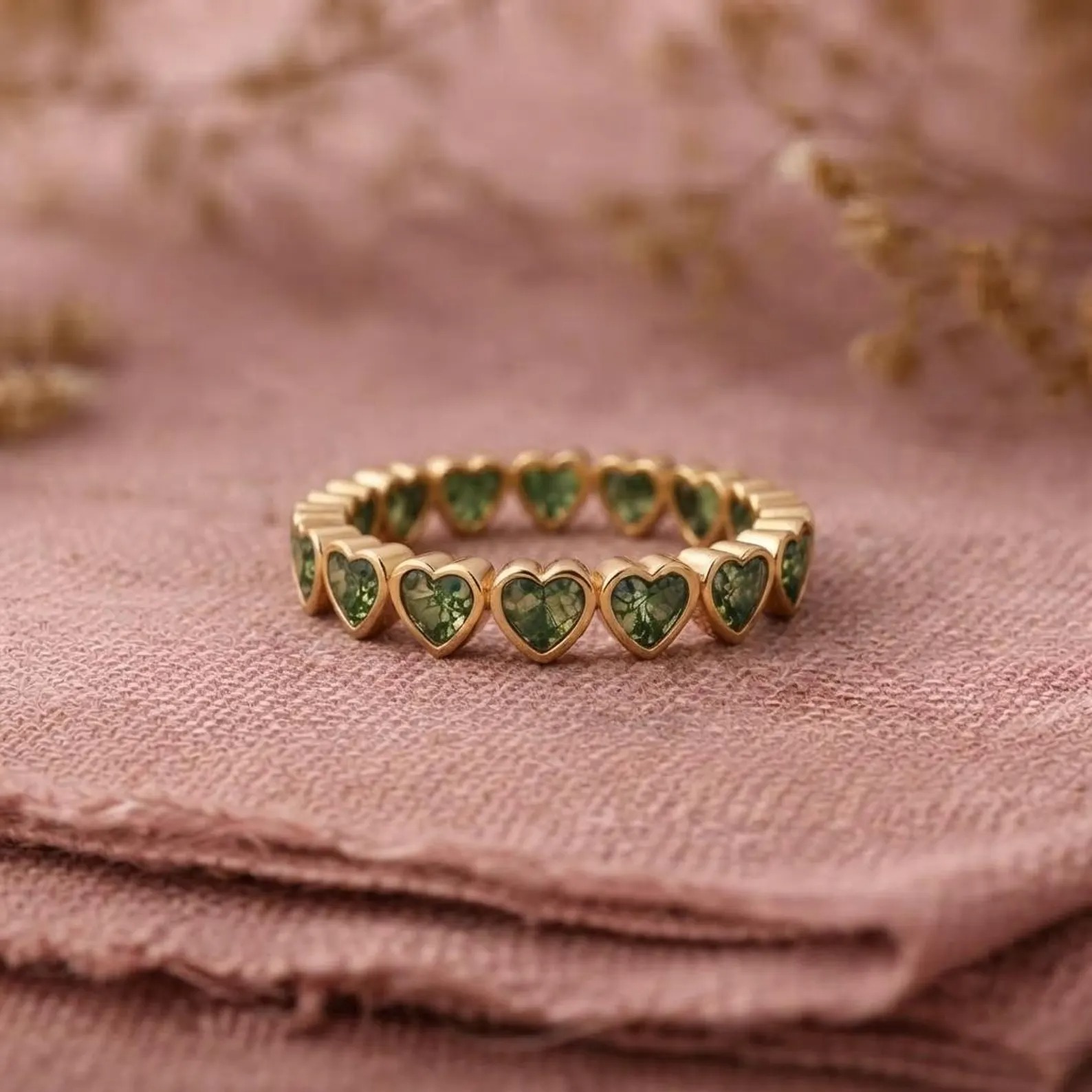 Moss Agate Heart Eternity Band, 14k Gold Bezel Set Green Agate Ring, Full Heart Ring, Stacking Wedding Band, Unique Valentine Gift For Her