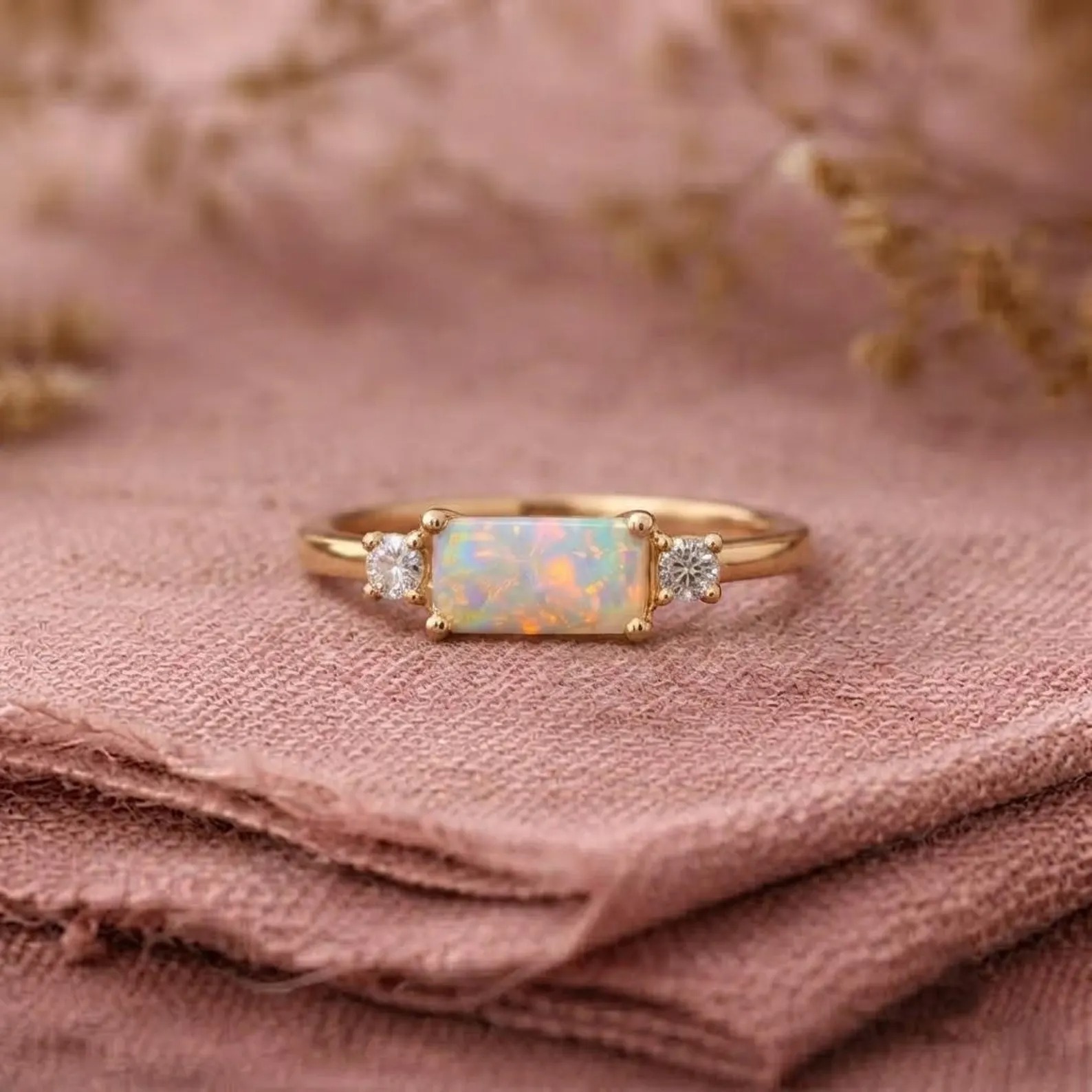 Minimalist Opal Ring Rose Gold Three Stone Baguette Cut Opal Ring Dainty Moissanite Ring Engagement Ring Personalized Ring Gemstone Gift