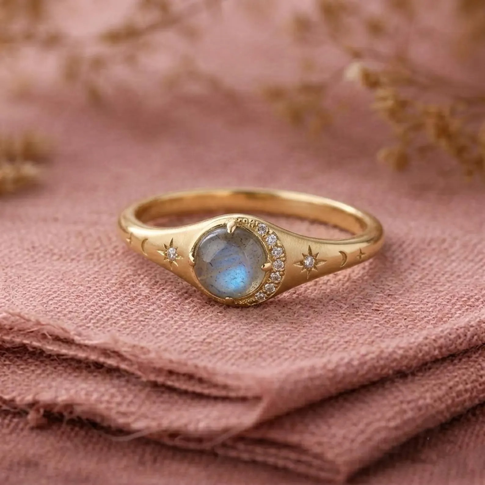Natural Labradorite Diamond Summer jewelry, Moon Crescent Wedding Ring Diamond Moon And Star Ring Minimalist Summer Gift, Gift Ring For Her