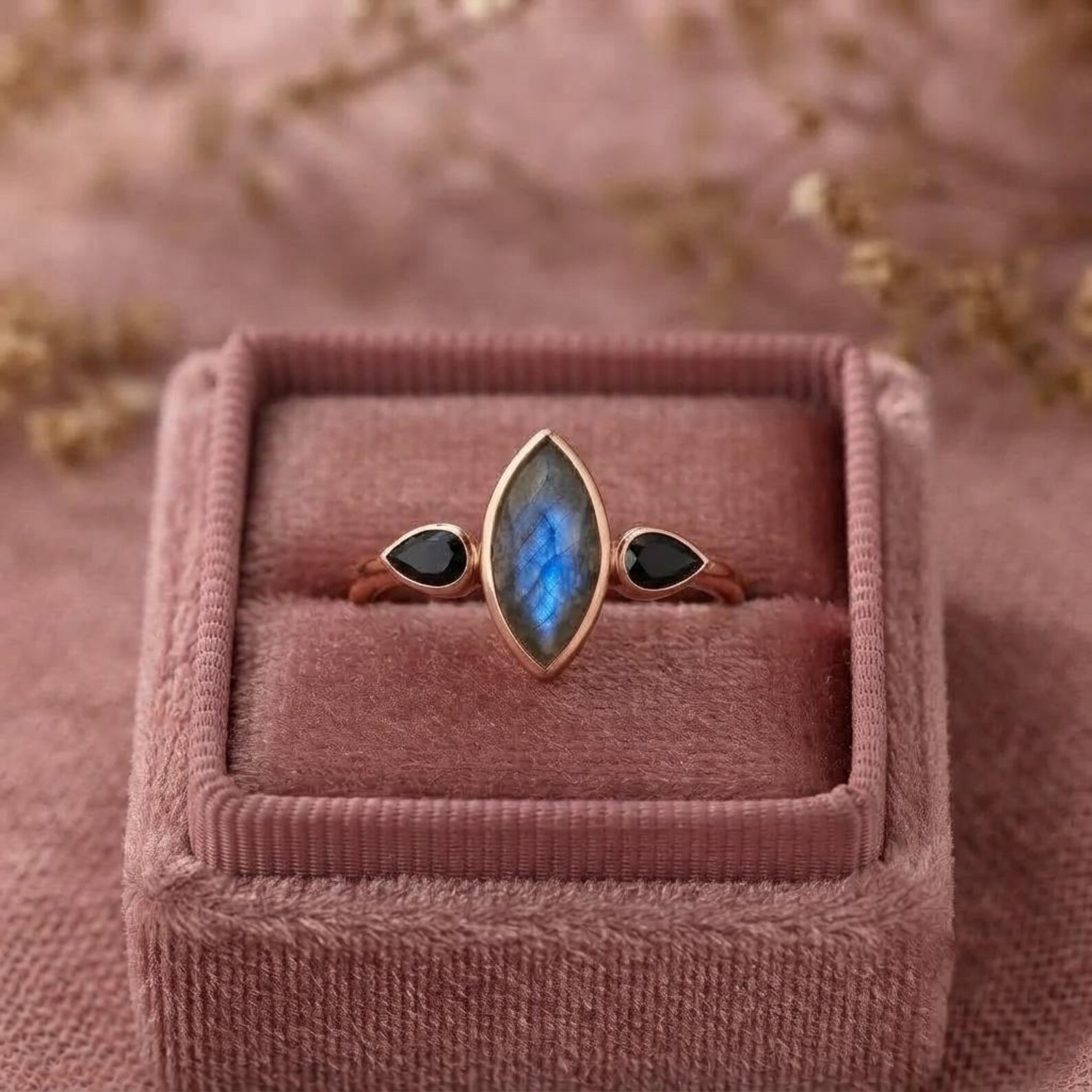Marquise Cut Labradorite Ring, 14K Rose Gold Nature Inspired Engagement Ring, Pear Black Onyx Cluster Promise Ring, Unique Minimalist Ring
