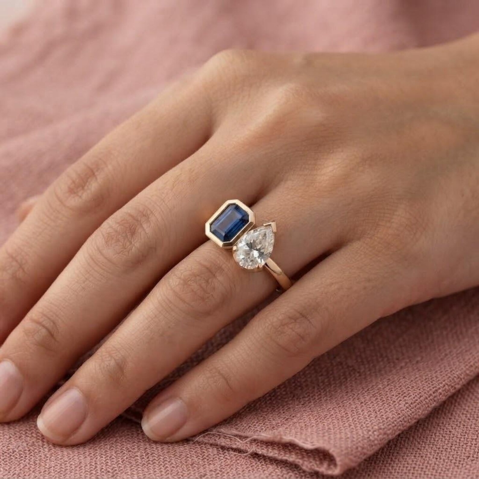Emerald Cut Sapphire and Pear Moissanite Toi Et Moi Ring, 925 Silver Ring, Vintage Two Stone Bridal Ring, Bezel Set Solitaire Sapphire Ring
