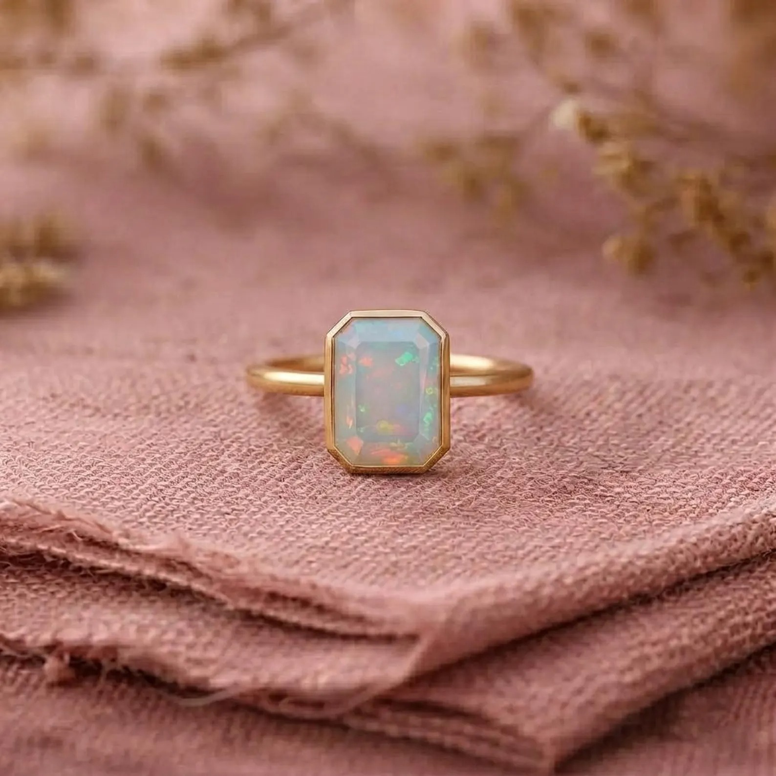 Emerald Cut Opal Engagement Ring, Natural Ethiopian Opal Bezel Ring, Anniversary Gift For Her, White Opal October Birthstone Bridal Ring