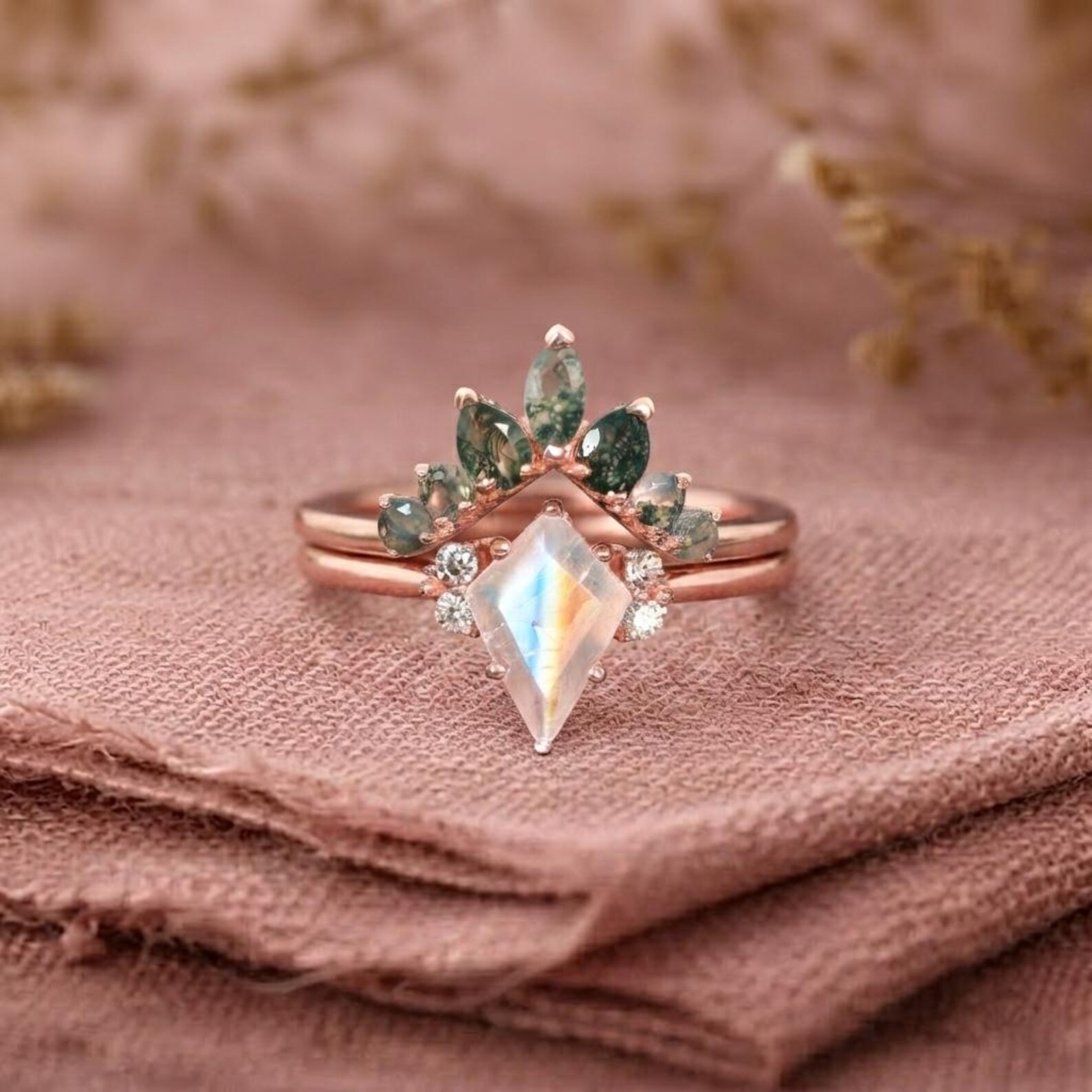 Skye Kite Moonstone Ring Set, Moss Agate & Moonstone Engagement Ring Set, Marquise Cut Moonstone Ring, Promise Ring, June Birthstone Ring