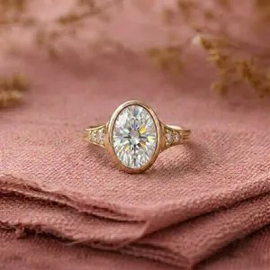 Oval Cut Bezel Engagement Ring, Moissanite Wedding Ring, 14K Gold Ring, Bezel Set Cluster Ring, Anniversary Ring, Promise Ring, Gift for Her