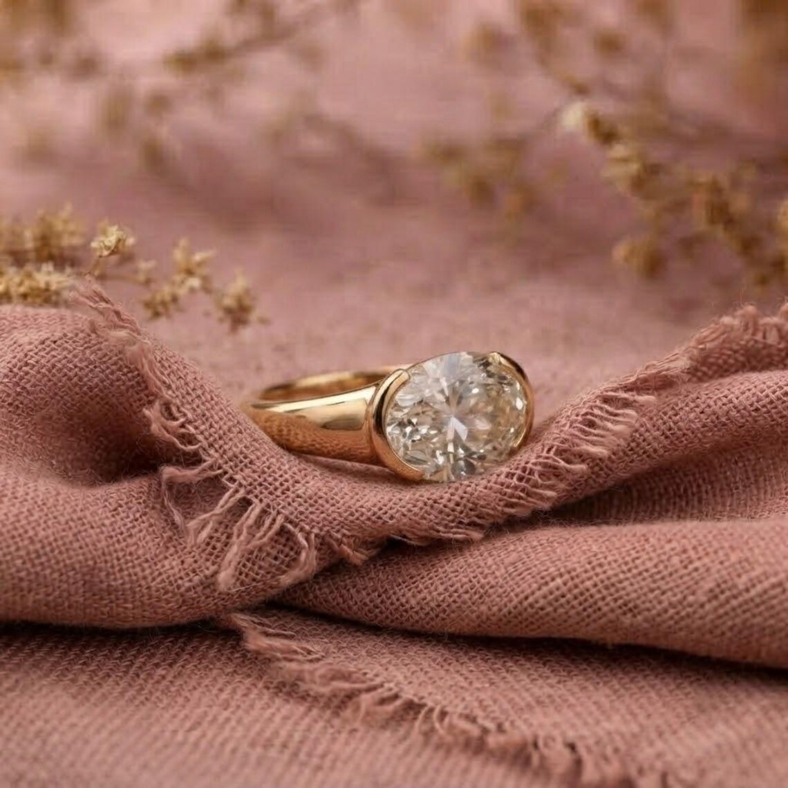 Oval Cut Moissanite Engagement Ring, 14K Yellow Gold Half Bezel Set Ring, Solitaire Wedding Ring, East To West Oval Cut Ring, Signet Ring