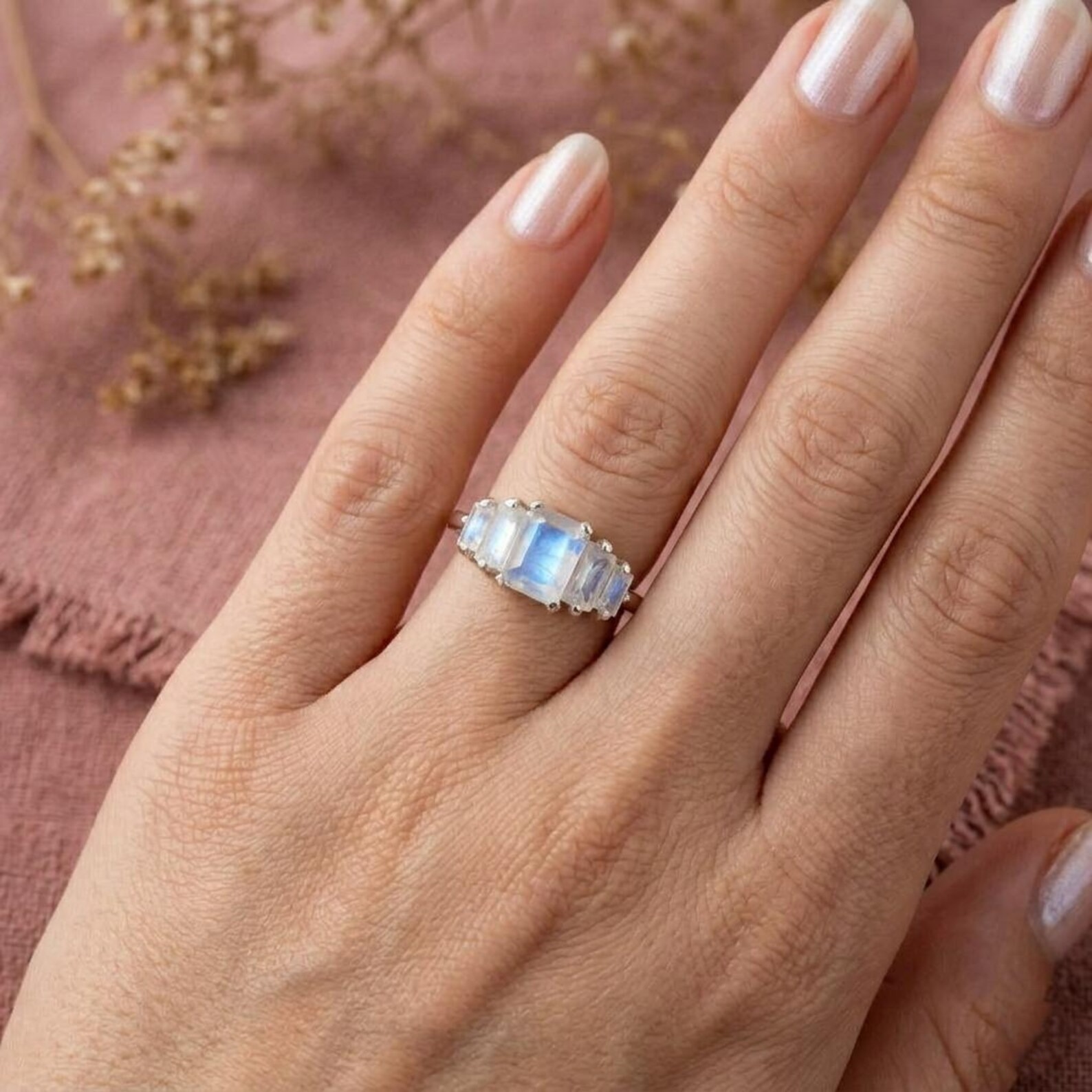 Natural Moonstone Ring, Emerald Cut Moonstone Ring, Christmas Gift, Engagement Ring, Statement Ring, Sterling Silver Ring, Bridal Jewelry