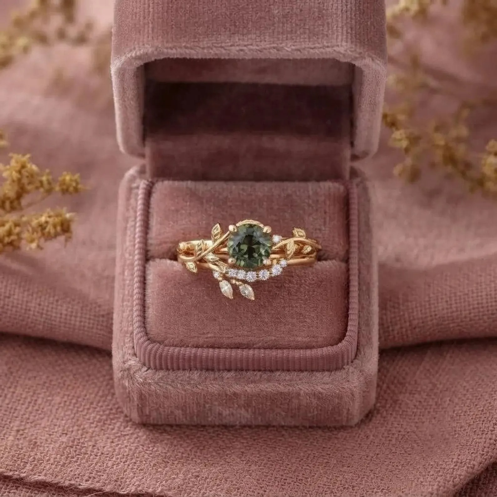 Vintage Green Sapphire Engagement Ring Set 14k Solid Gold Marquise Cut Moissanite Ring Diamond Leaf Ring Bridal Set Promise Anniversary Ring