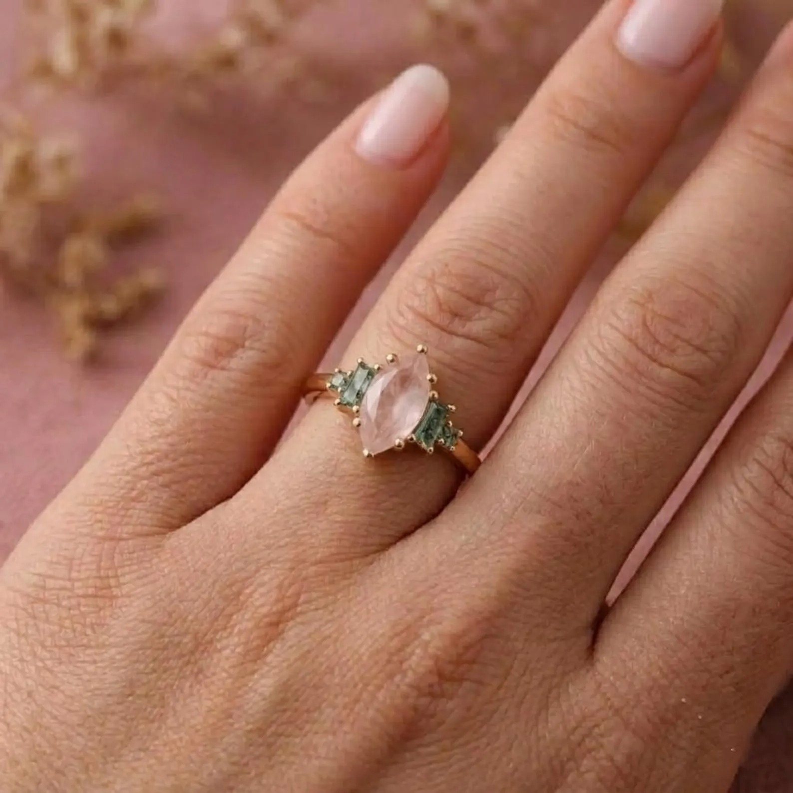 Rose Quartz Marquise Engagement Ring, Vintage Side Accent, Baguette Moss Agate, Green Gemstone Ring, Pink Quartz Gemstone Christmas Jewelry