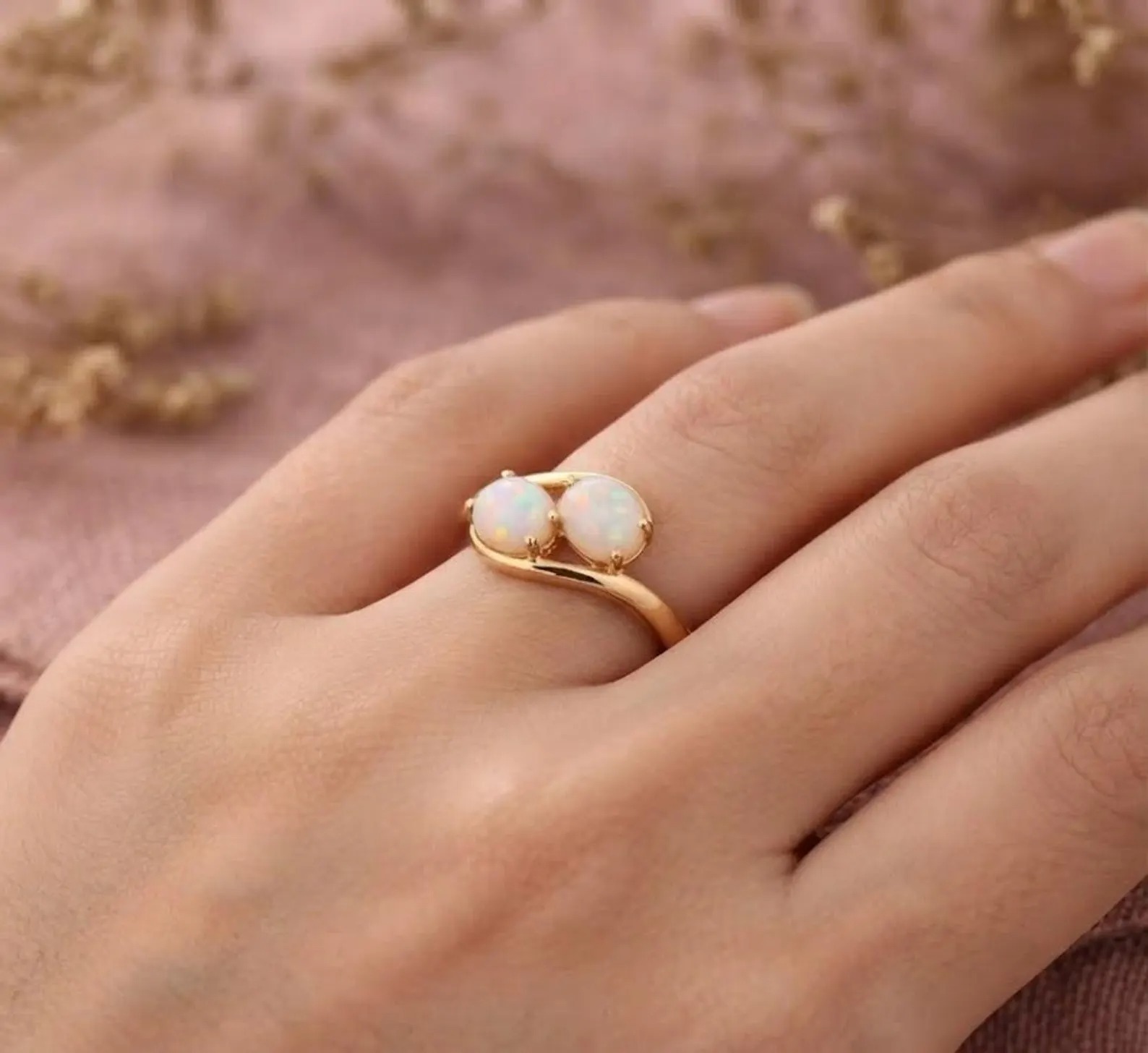 Oval Opal Dual Stone Ring, 925 Sterling Silver, Opal Gemstone Jewelry, October Birthday Gift, Gold Opal Ring, Christmas Gift, Gift for her