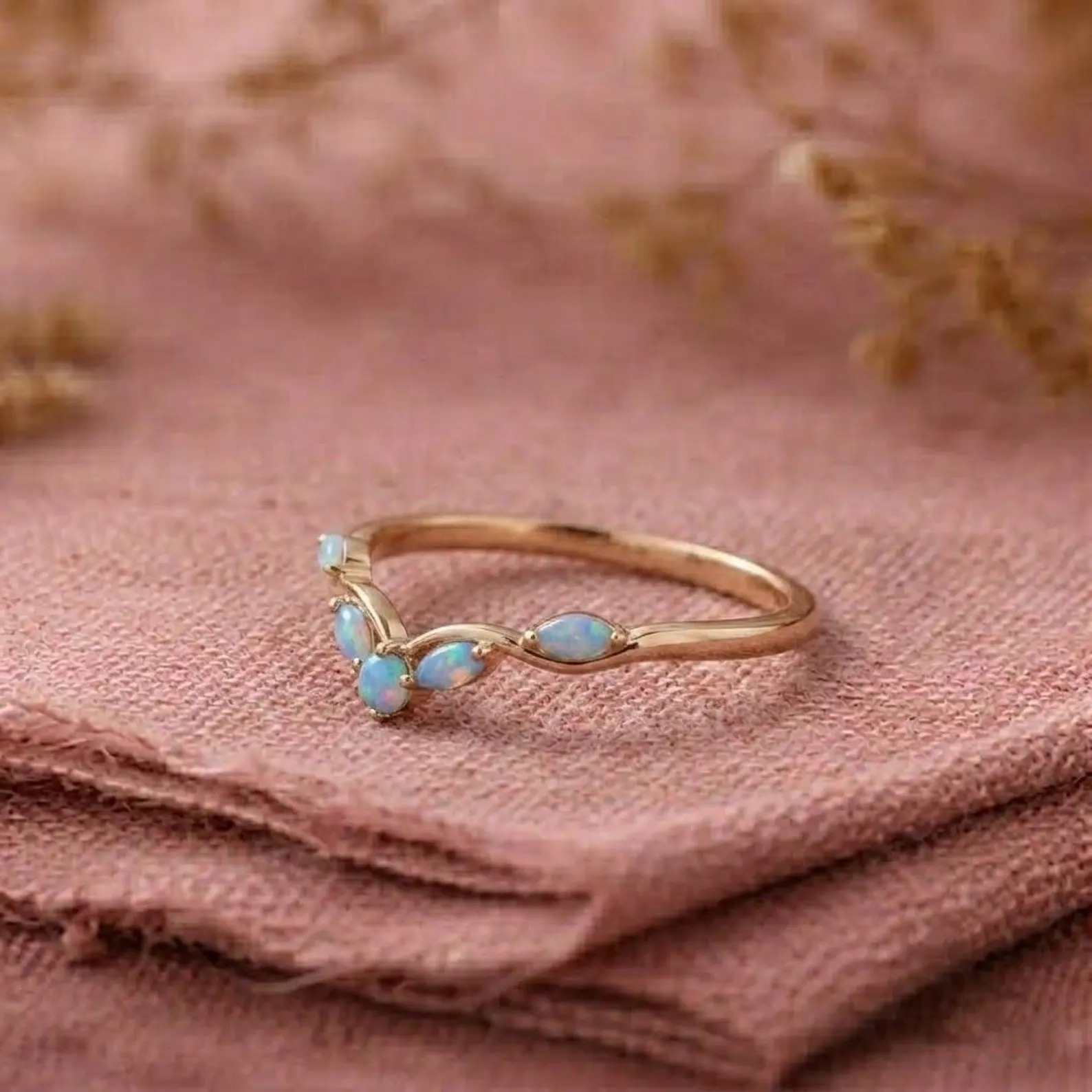 Vintage Curved Opal Wedding Band, 9k Rose Gold Art Deco Stacking Band, Women Birthstone Anniversary Gift Ring, Marquise Cut Dainty Opal Ring