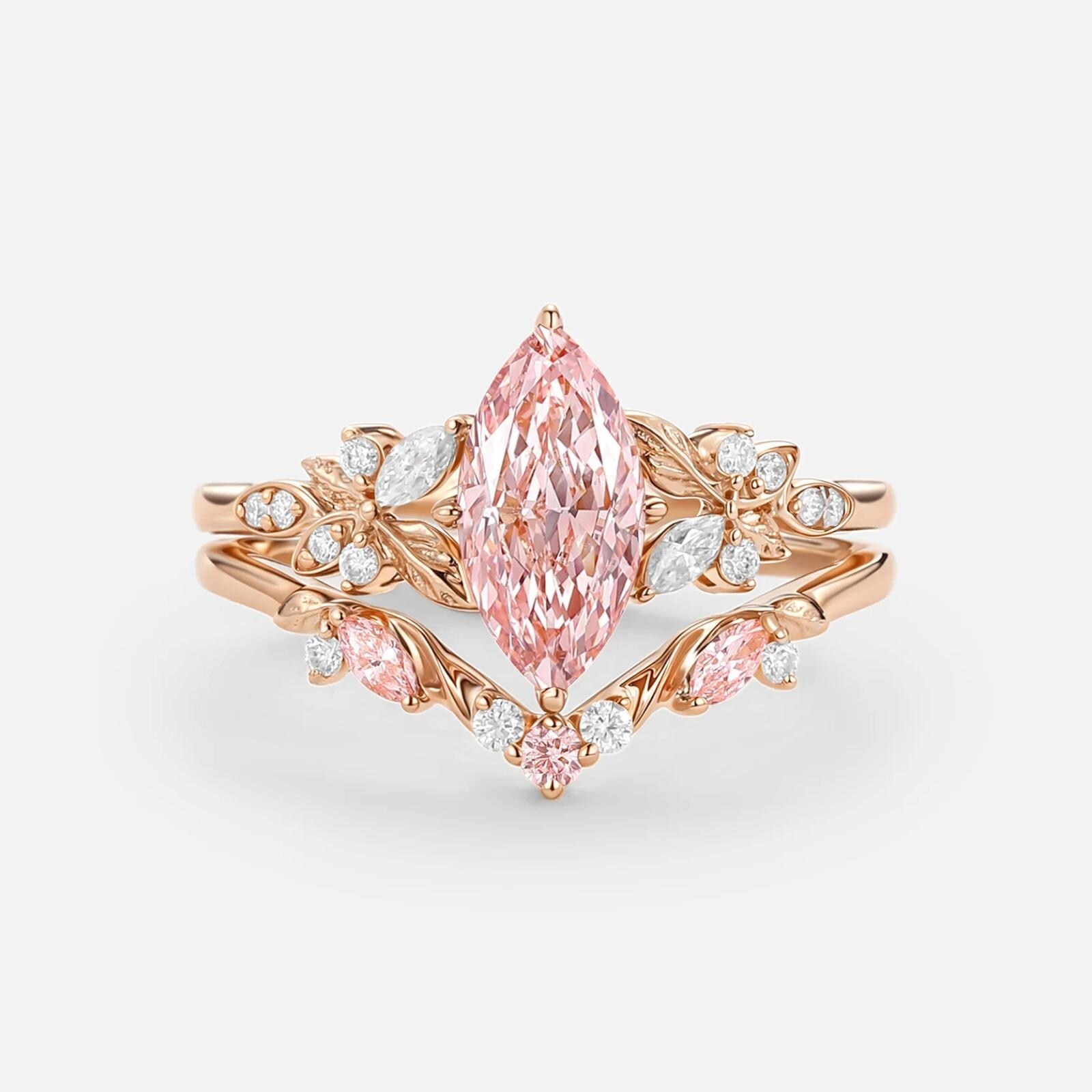 Vintage Pink Marquise Sapphire Bridal Ring Set / Rose Gold Floral Engagement Ring Set, Vintage Leaf Diamond Cluster Wedding Band, Bridal Set