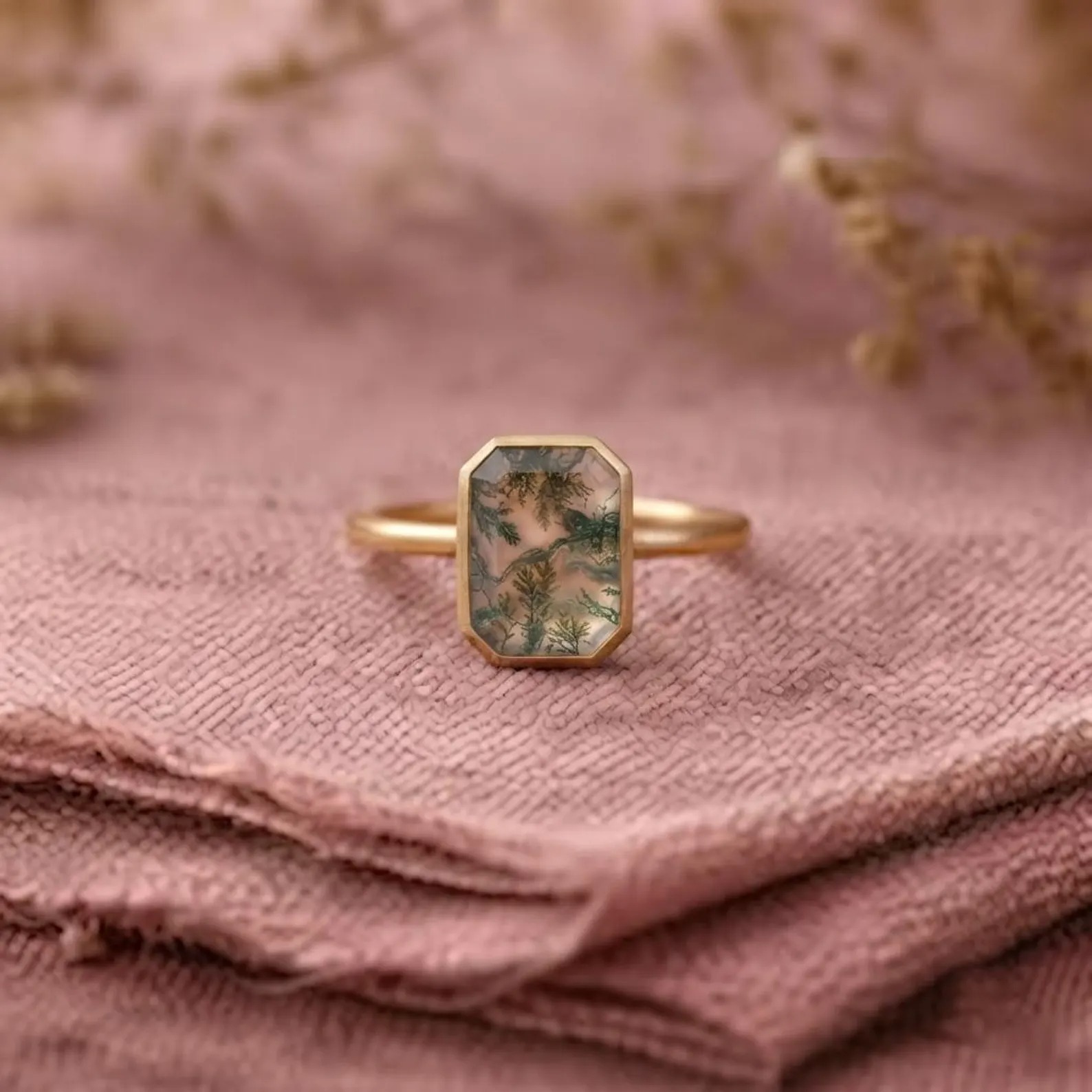 Vintage Bezel Setting Moss Agate Ring, Emerald Cut Solitaire Nature Inspired Ring, June Birthstone Green Ring, Moss Agate Engagement Ring