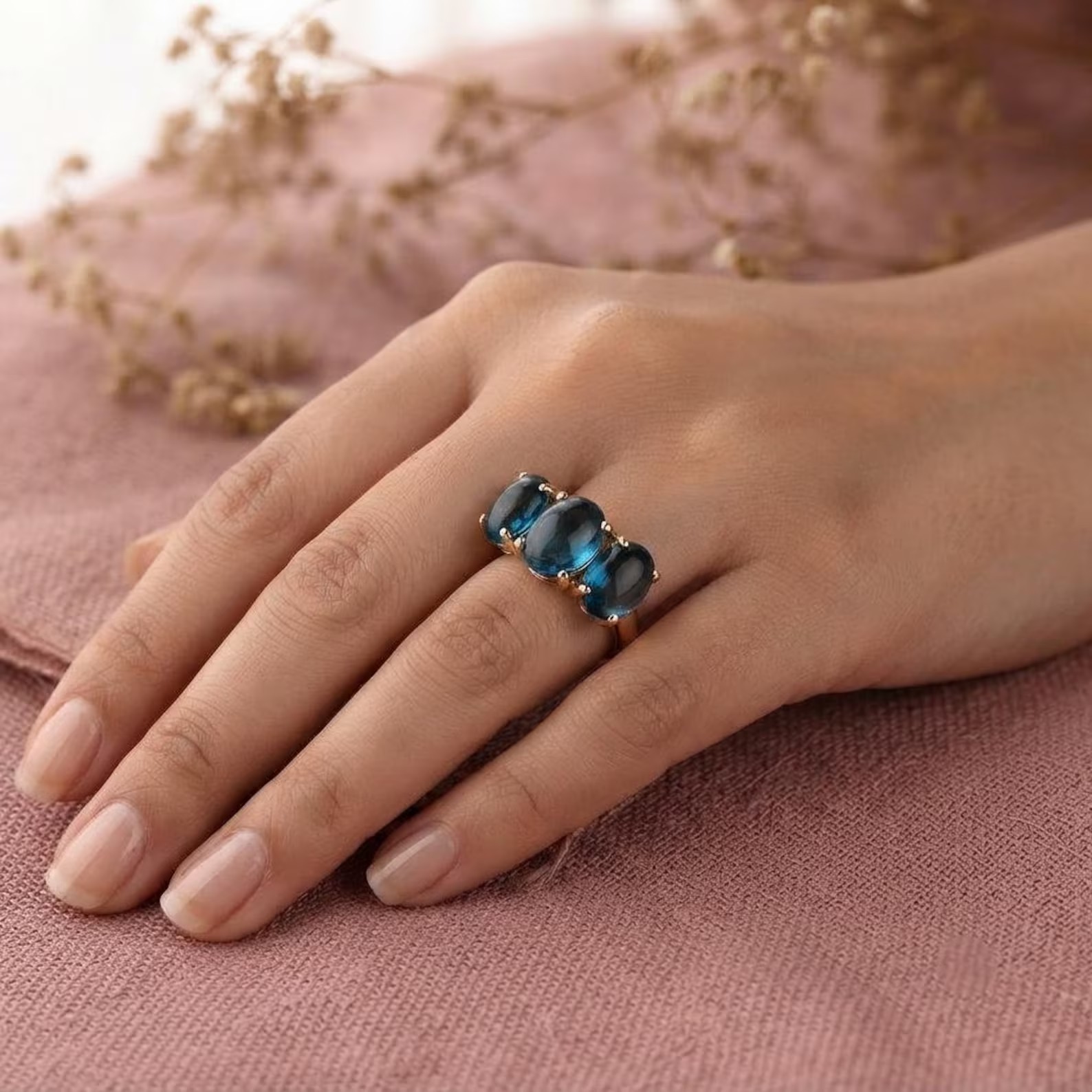 Oval Cut London Blue Topaz Solid Gold Wedding Ring Women 14kHandmade Art Deco Cluster Ring, Dainty Minimalist Gold Gemstone Gift For Her